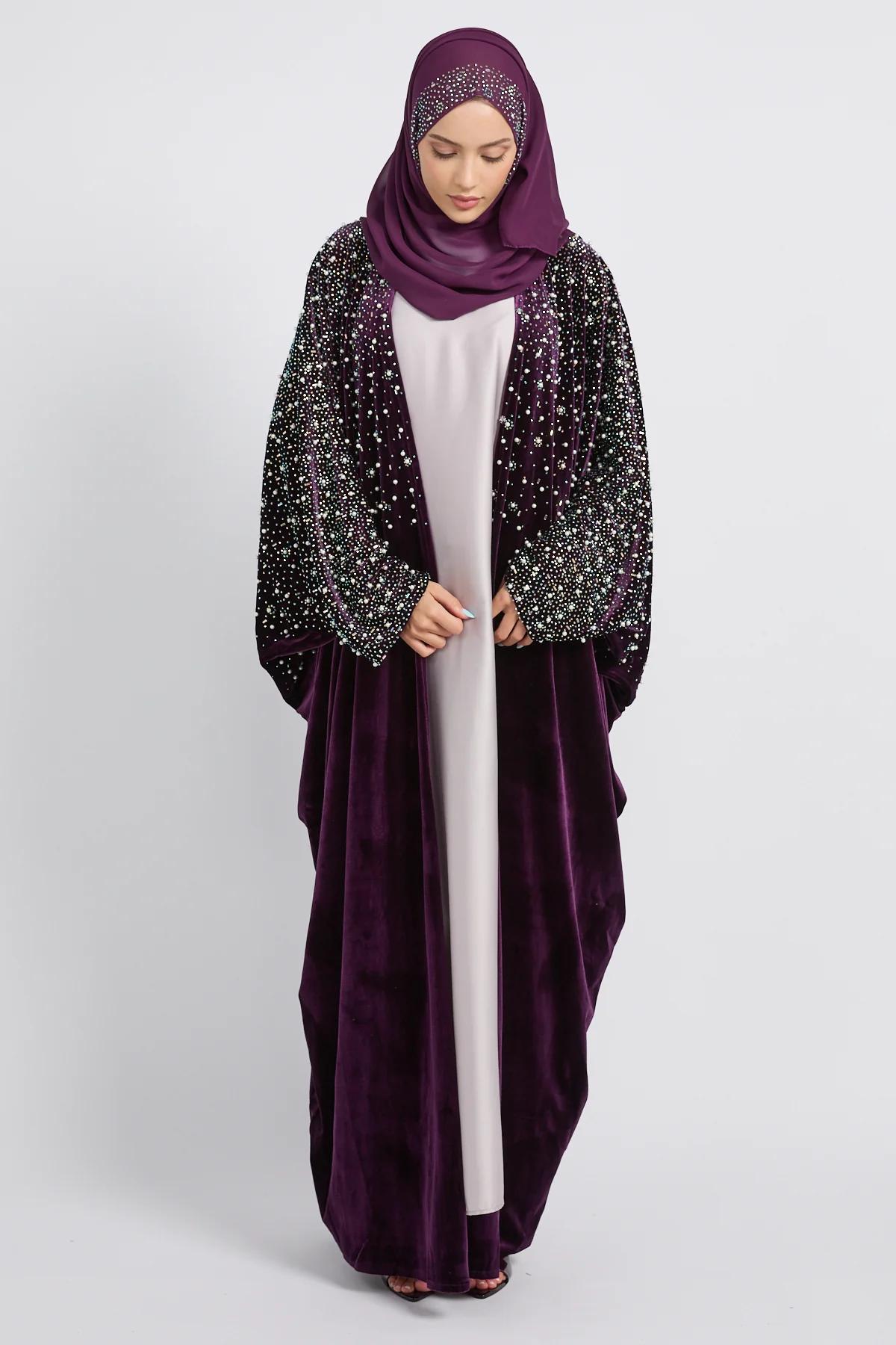 Luxury Midnight Stardust Velvet Open Abaya - Royal Plum - Image 7
