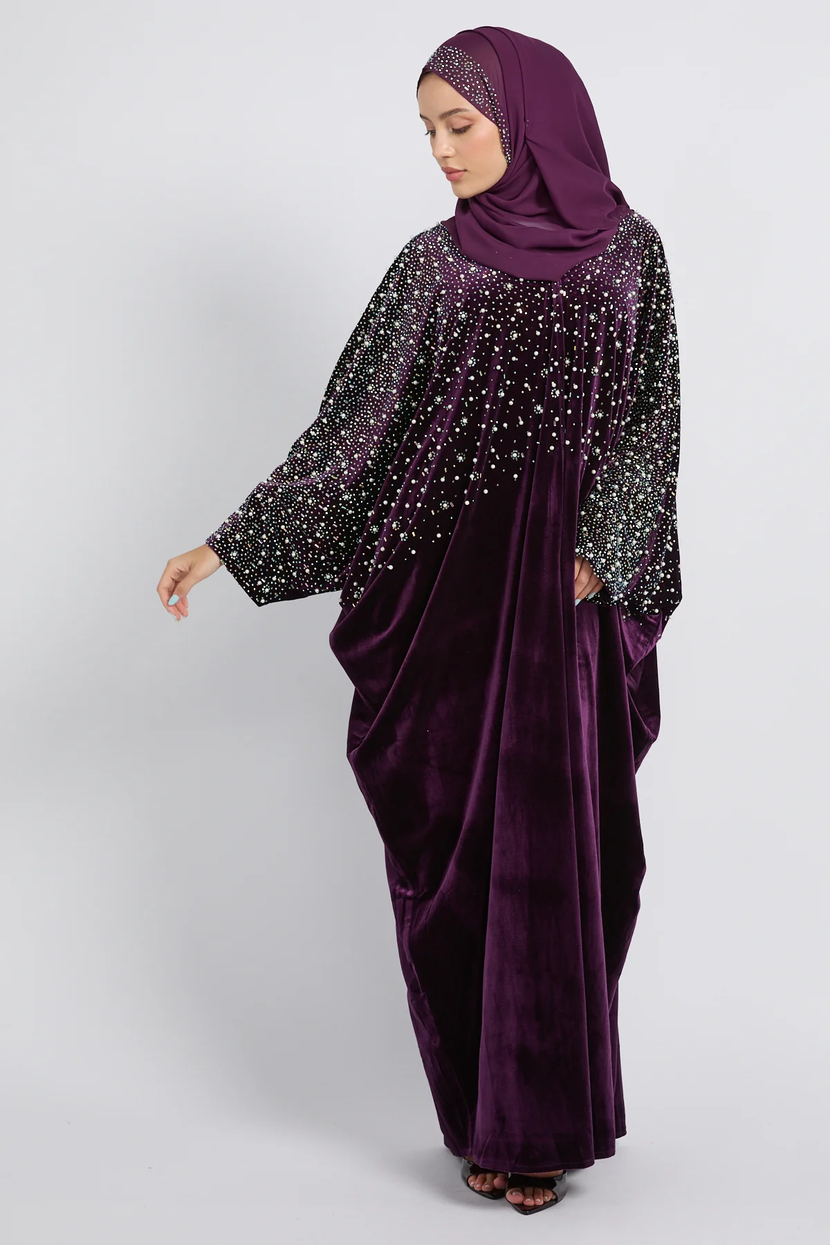 Luxury Midnight Stardust Velvet Open Abaya - Royal Plum - Image 8