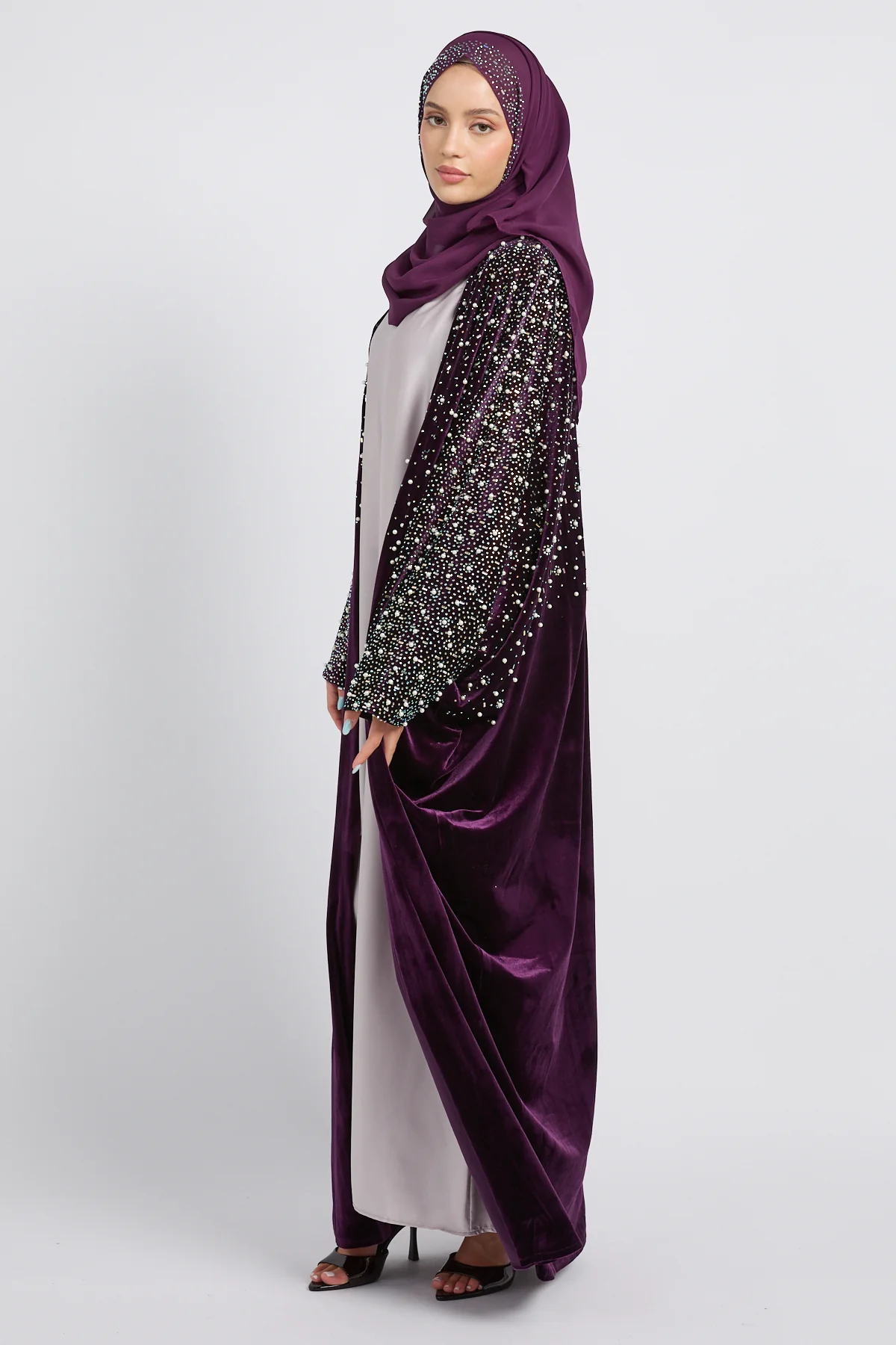 Luxury Midnight Stardust Velvet Open Abaya - Royal Plum - Image 9