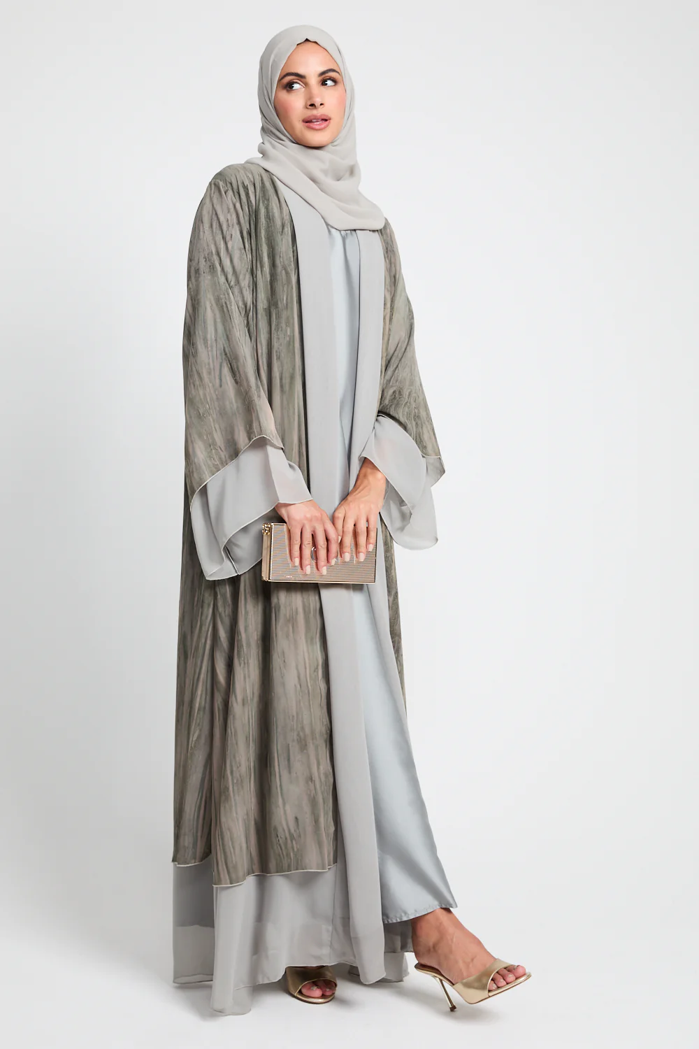 Luxury Mirage Chiffon Layered Open Abaya - Dusty Olive