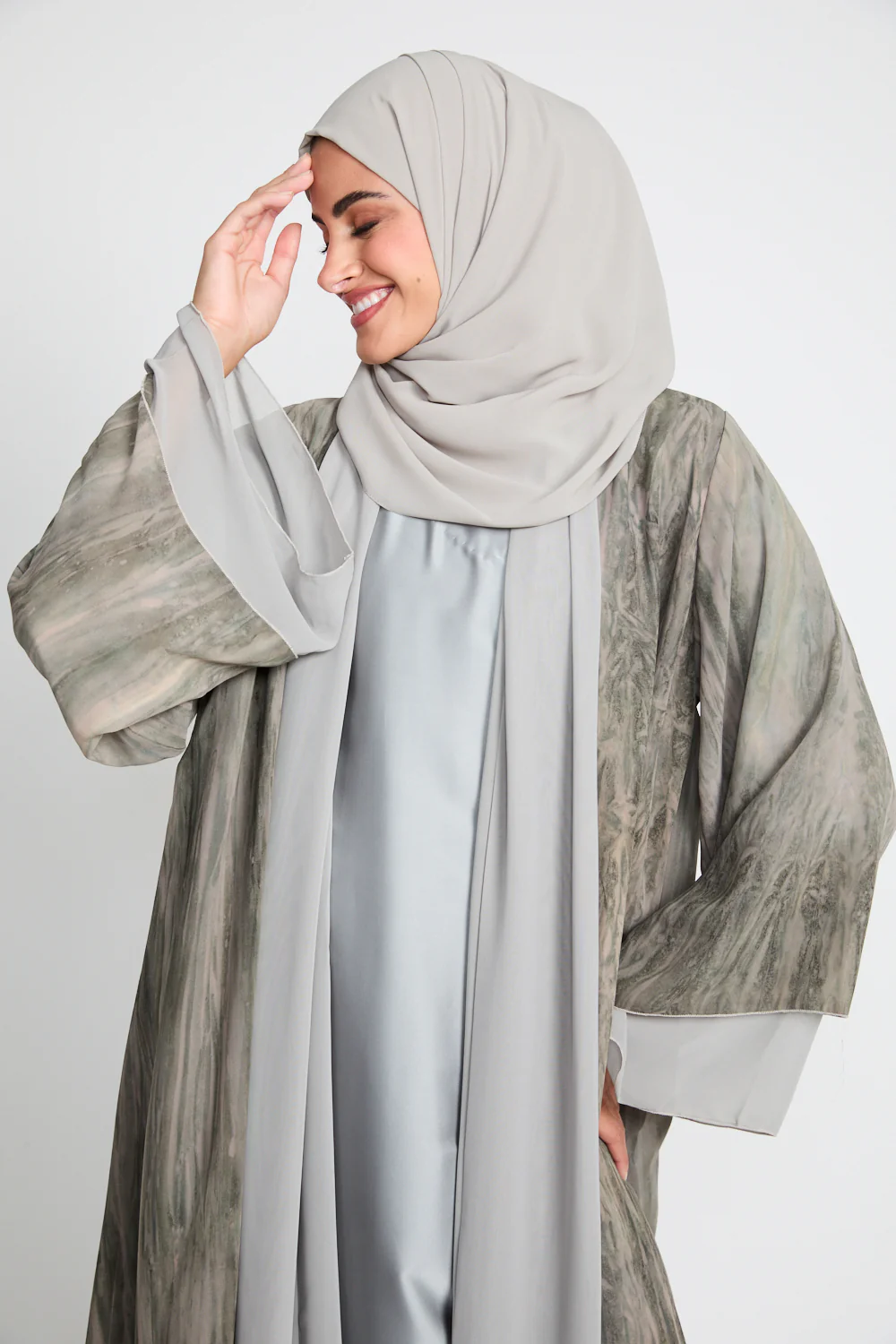 Luxury Mirage Chiffon Layered Open Abaya - Dusty Olive - Image 2