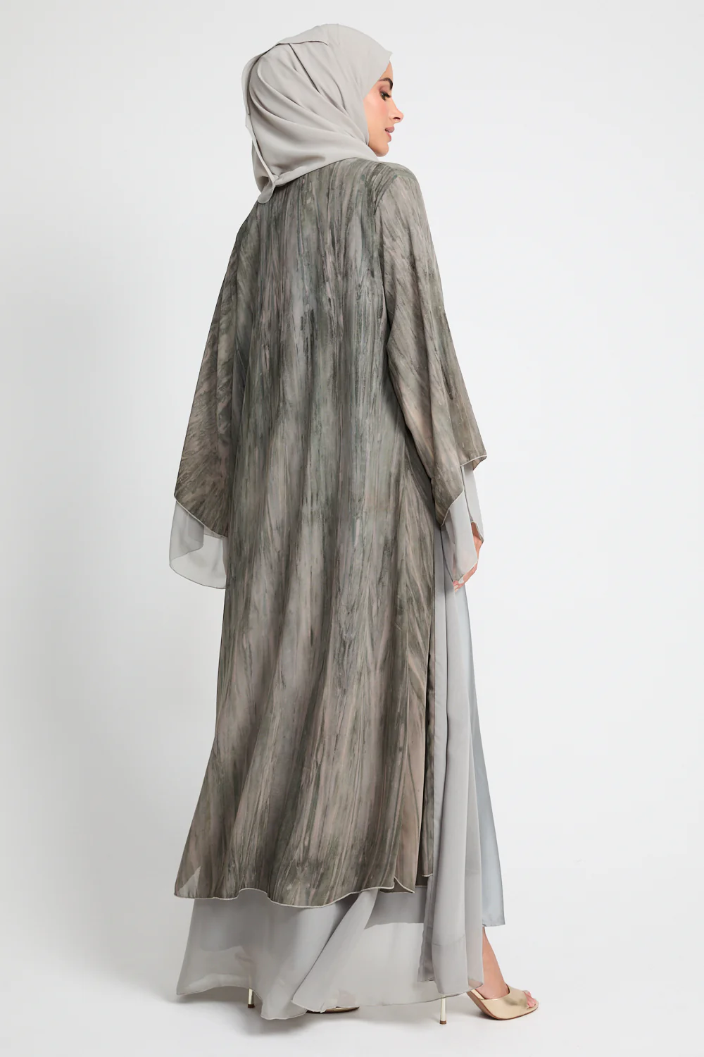Luxury Mirage Chiffon Layered Open Abaya - Dusty Olive - Image 3