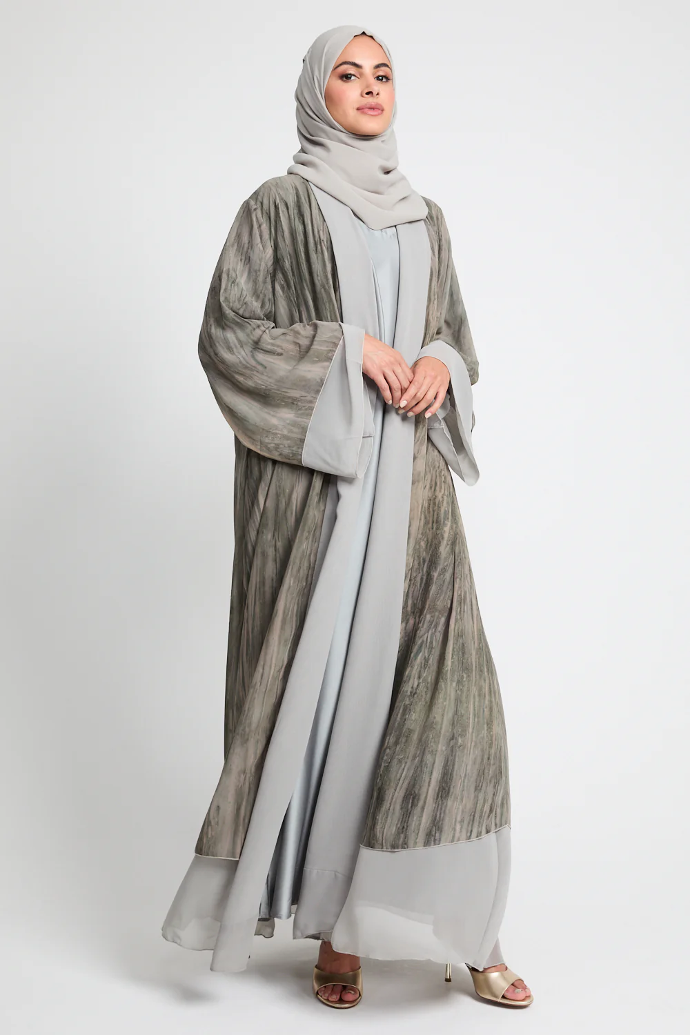 Luxury Mirage Chiffon Layered Open Abaya - Dusty Olive - Image 4