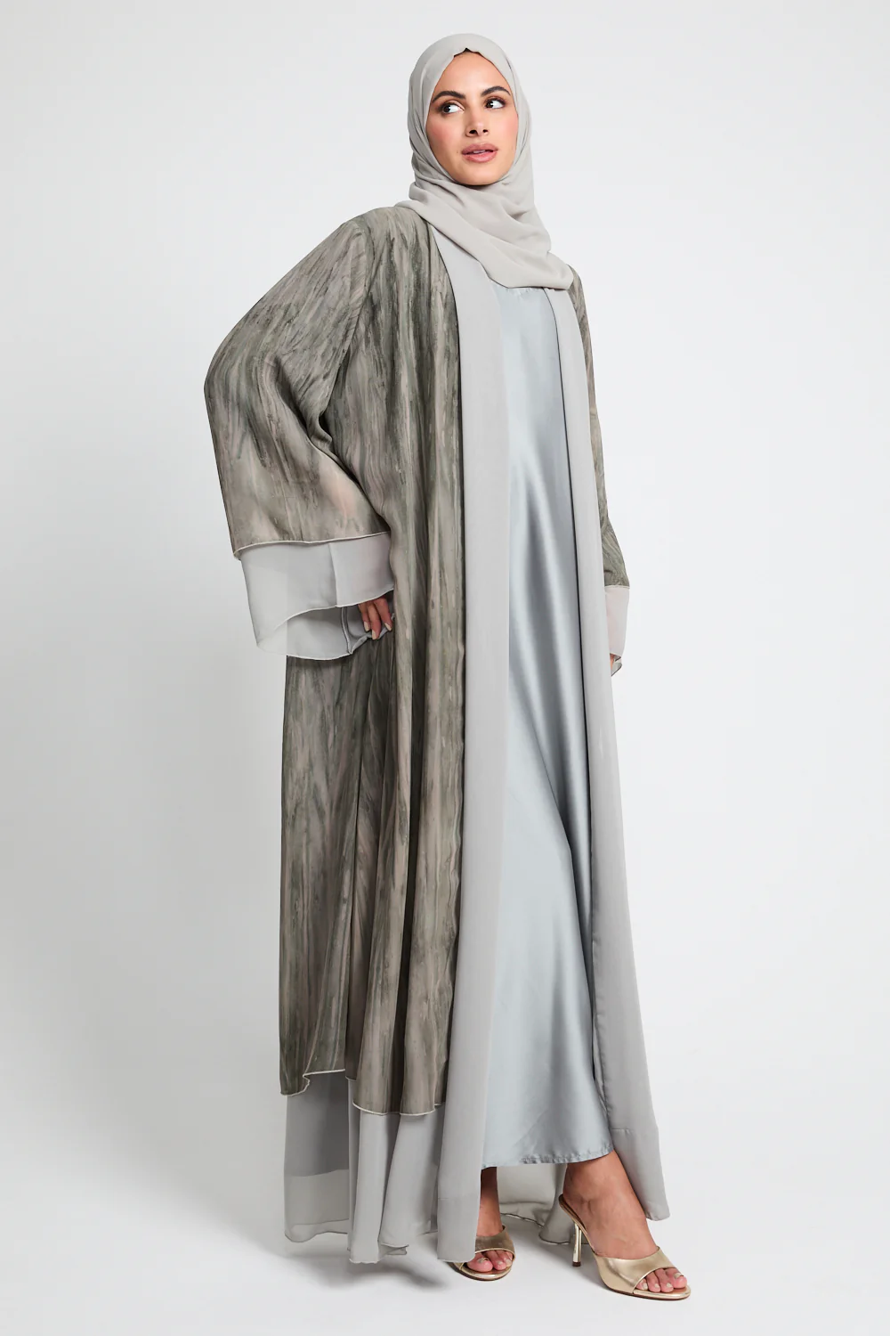 Luxury Mirage Chiffon Layered Open Abaya - Dusty Olive - Image 5