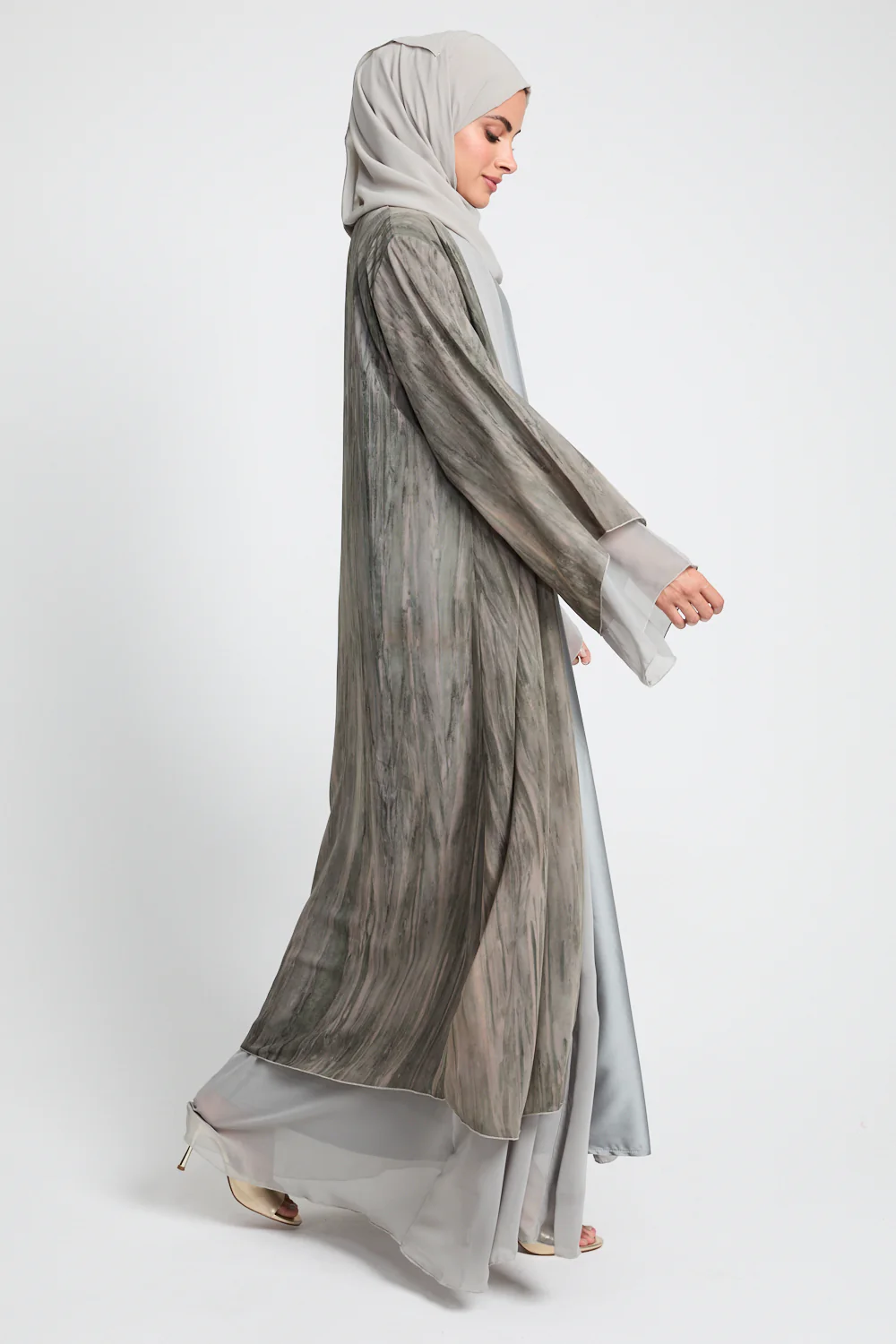 Luxury Mirage Chiffon Layered Open Abaya - Dusty Olive - Image 6