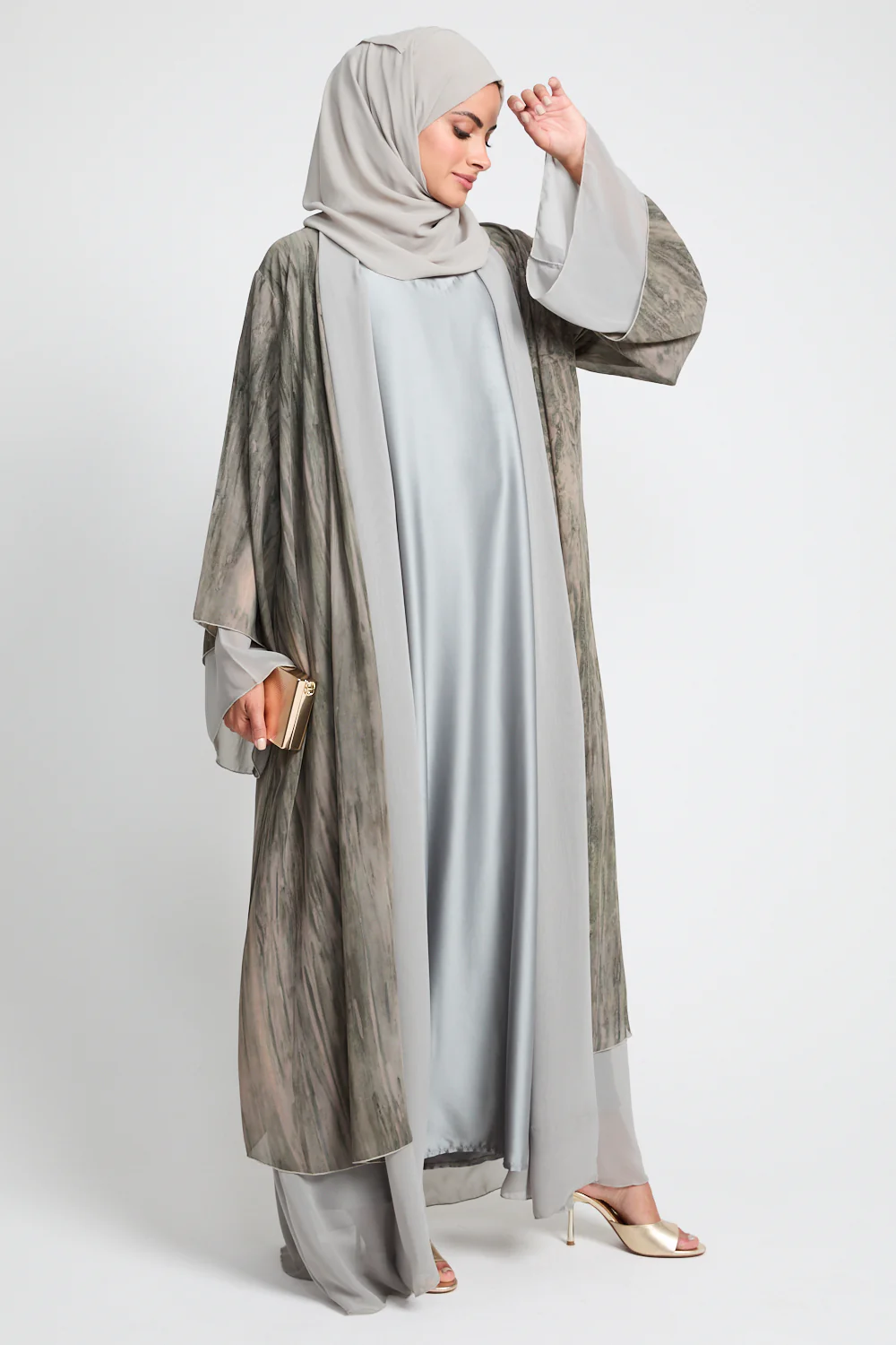 Luxury Mirage Chiffon Layered Open Abaya - Dusty Olive - Image 7