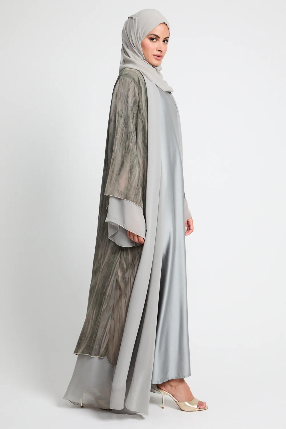 Luxury Mirage Chiffon Layered Open Abaya - Dusty Olive - Image 8