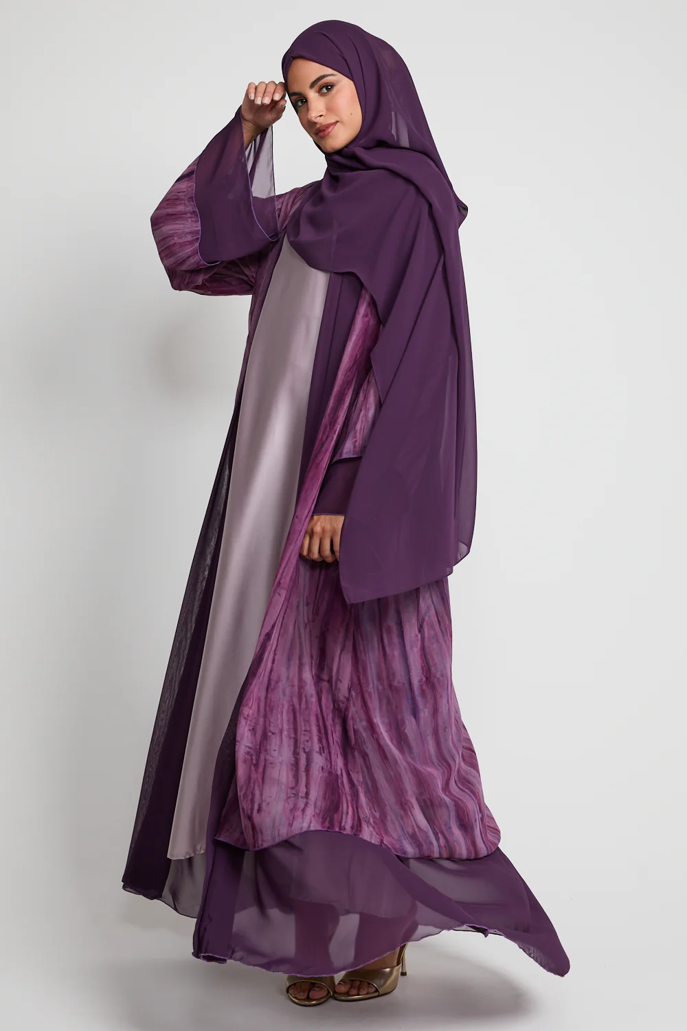 Luxury Mirage Chiffon Layered Open Abaya - Smoked Orchid