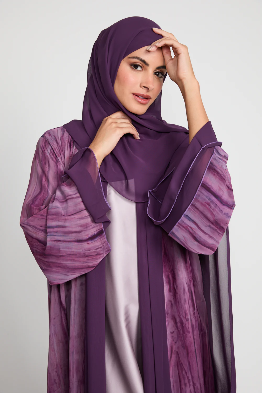 Luxury Mirage Chiffon Layered Open Abaya - Smoked Orchid - Image 2