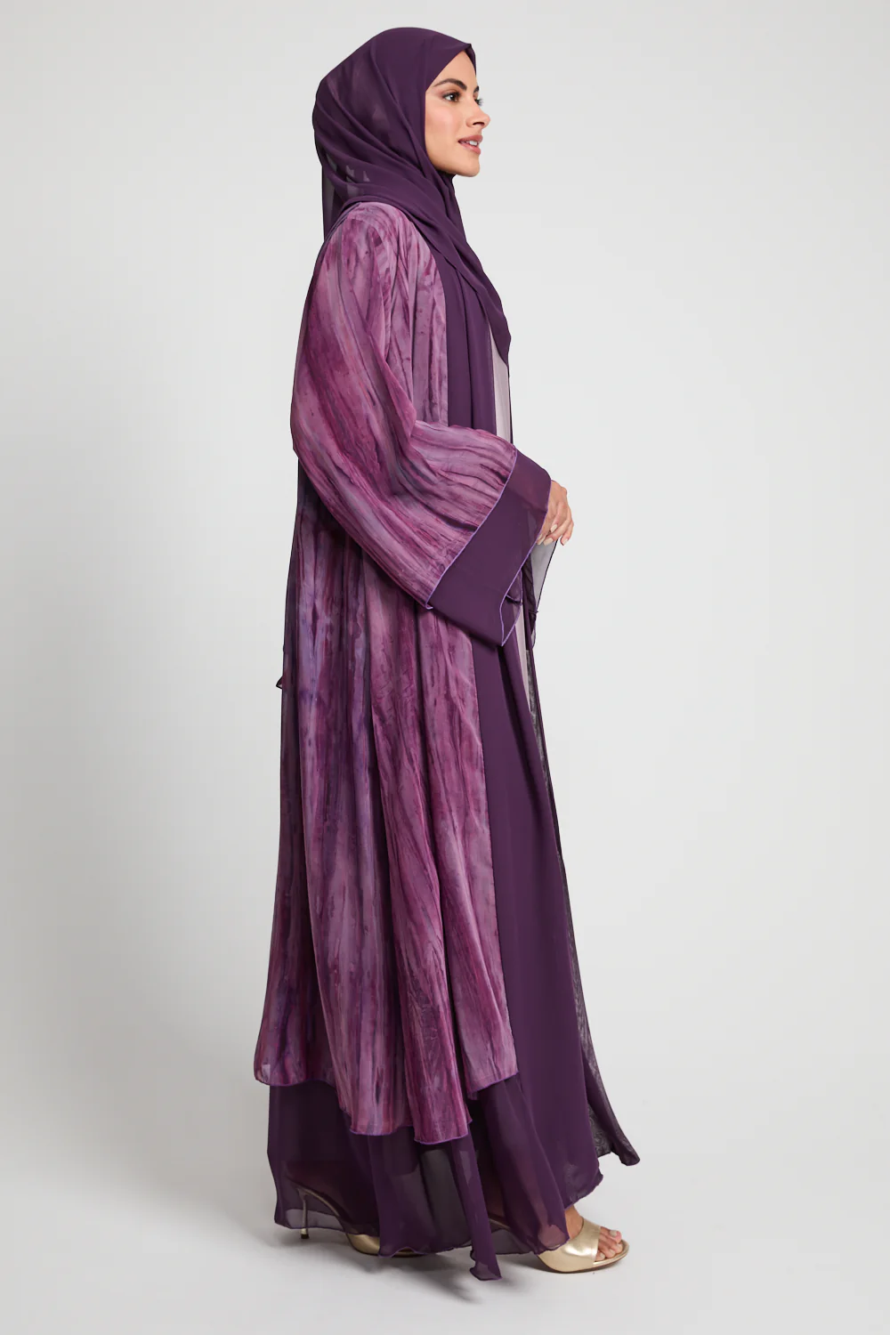 Luxury Mirage Chiffon Layered Open Abaya - Smoked Orchid - Image 8