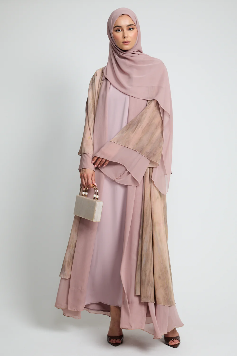 Luxury Mirage Chiffon Layered Open Abaya - Sunkissed Dune - Image 3