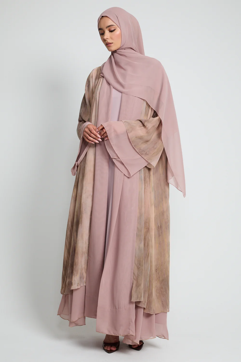 Luxury Mirage Chiffon Layered Open Abaya - Sunkissed Dune - Image 4
