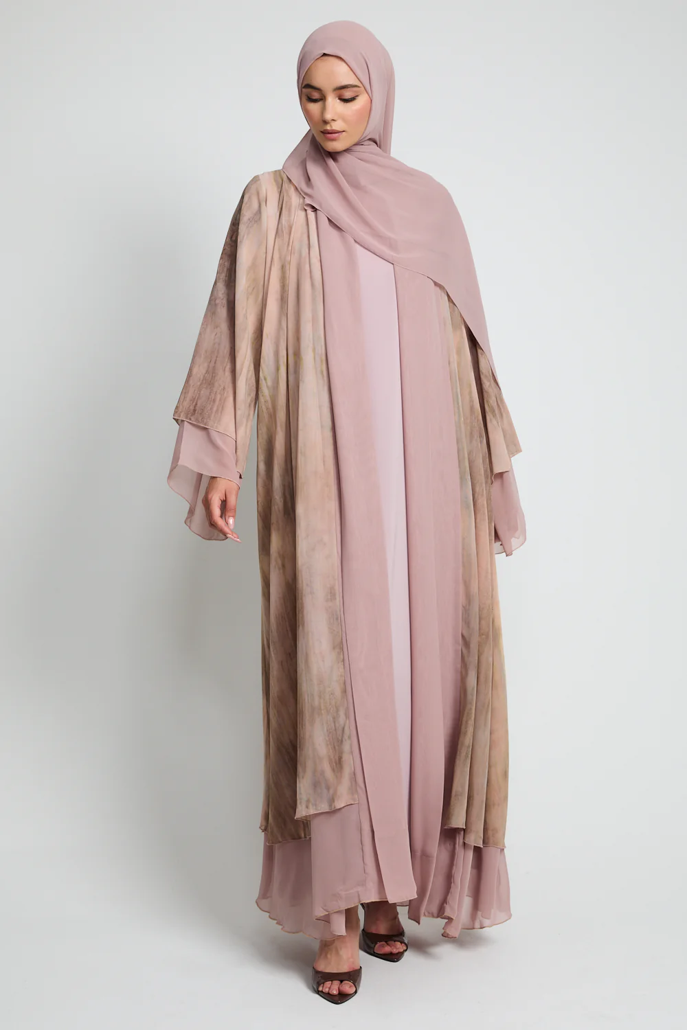 Luxury Mirage Chiffon Layered Open Abaya - Sunkissed Dune - Image 5