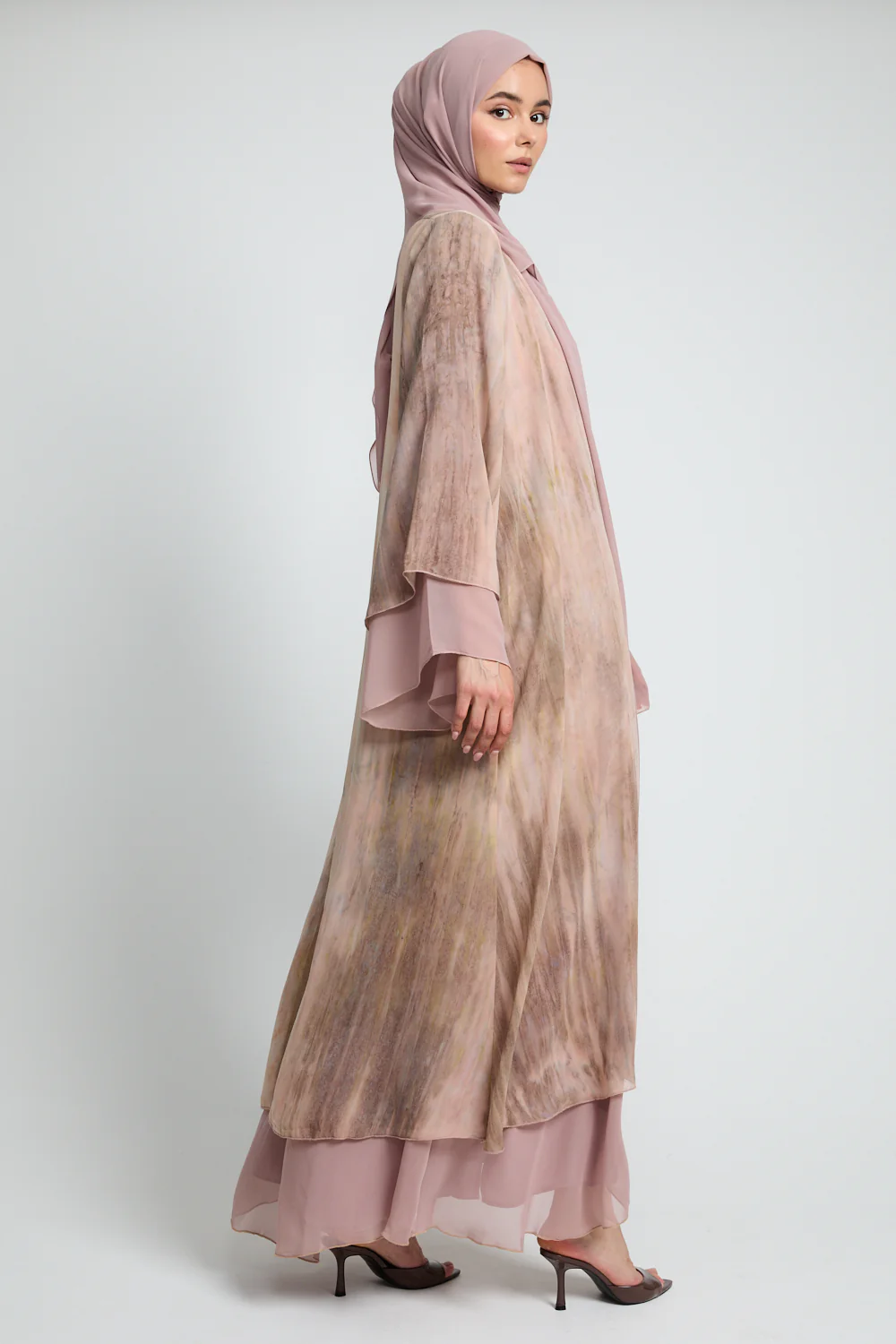 Luxury Mirage Chiffon Layered Open Abaya - Sunkissed Dune - Image 7