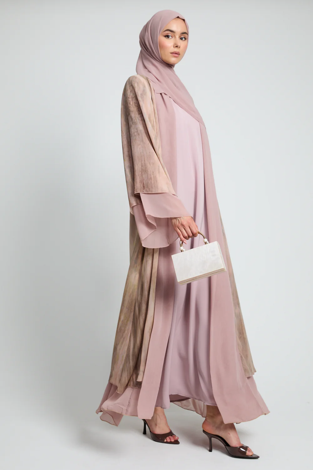 Luxury Mirage Chiffon Layered Open Abaya - Sunkissed Dune - Image 8