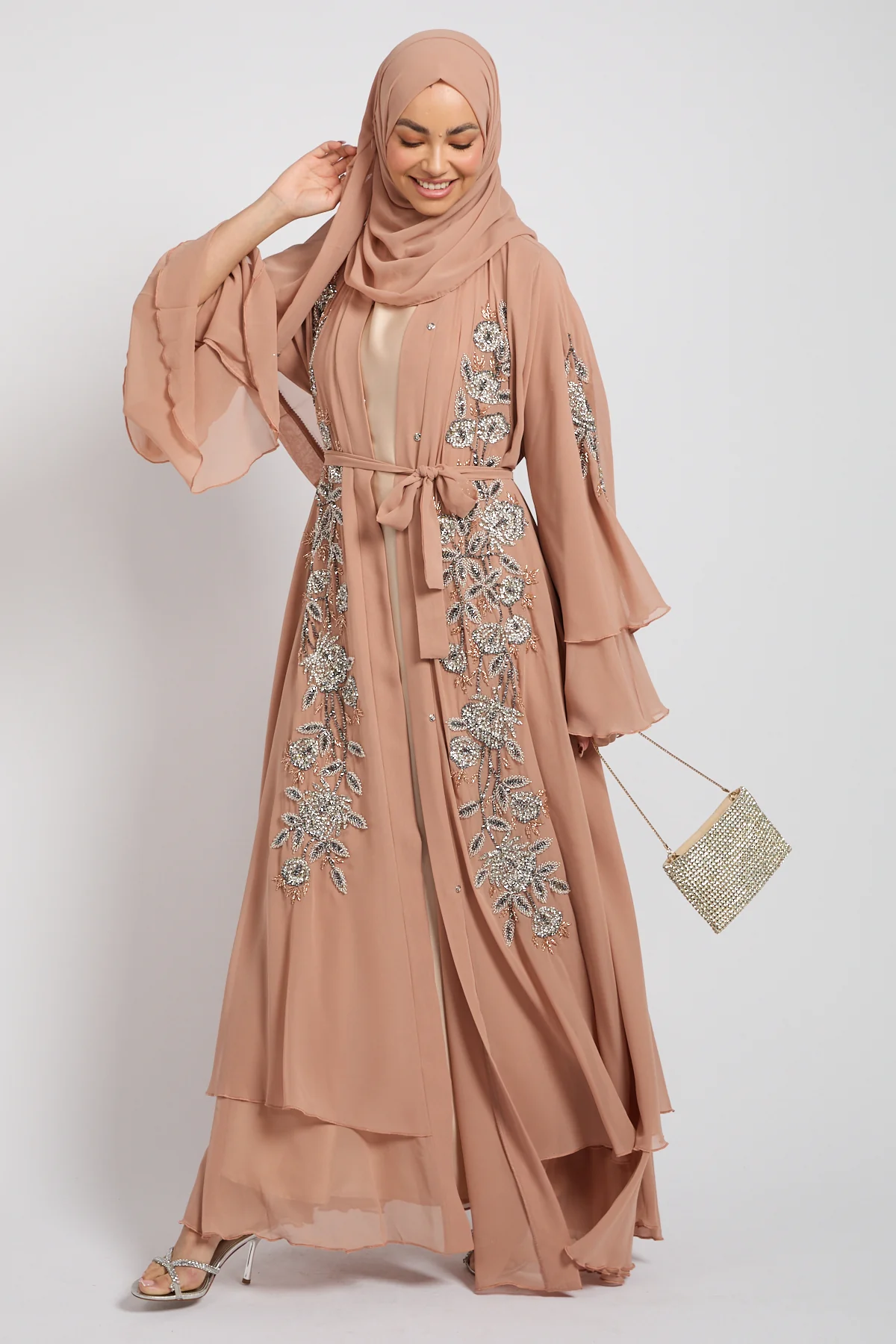 Luxury Moonblush Embellished Chiffon Layered Open Abaya - Image 10
