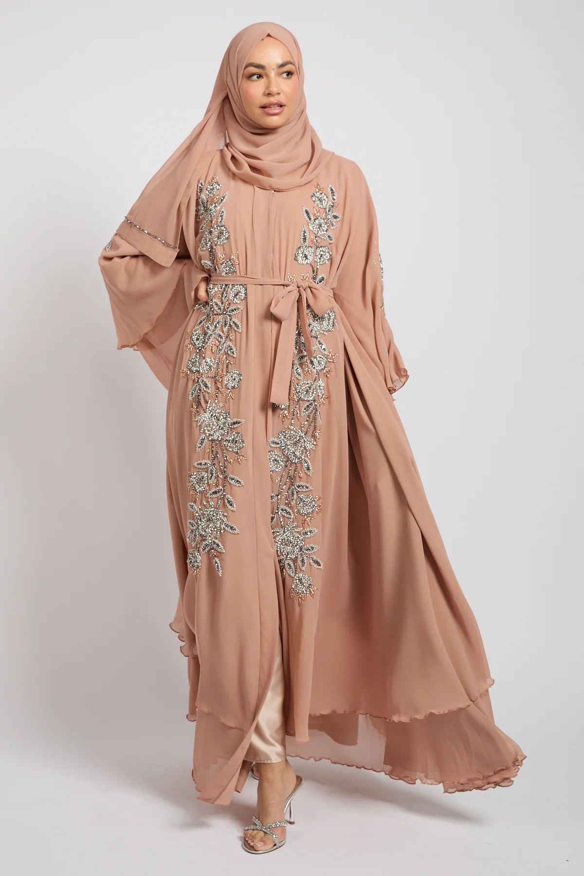 Luxury Moonblush Embellished Chiffon Layered Open Abaya - Image 3