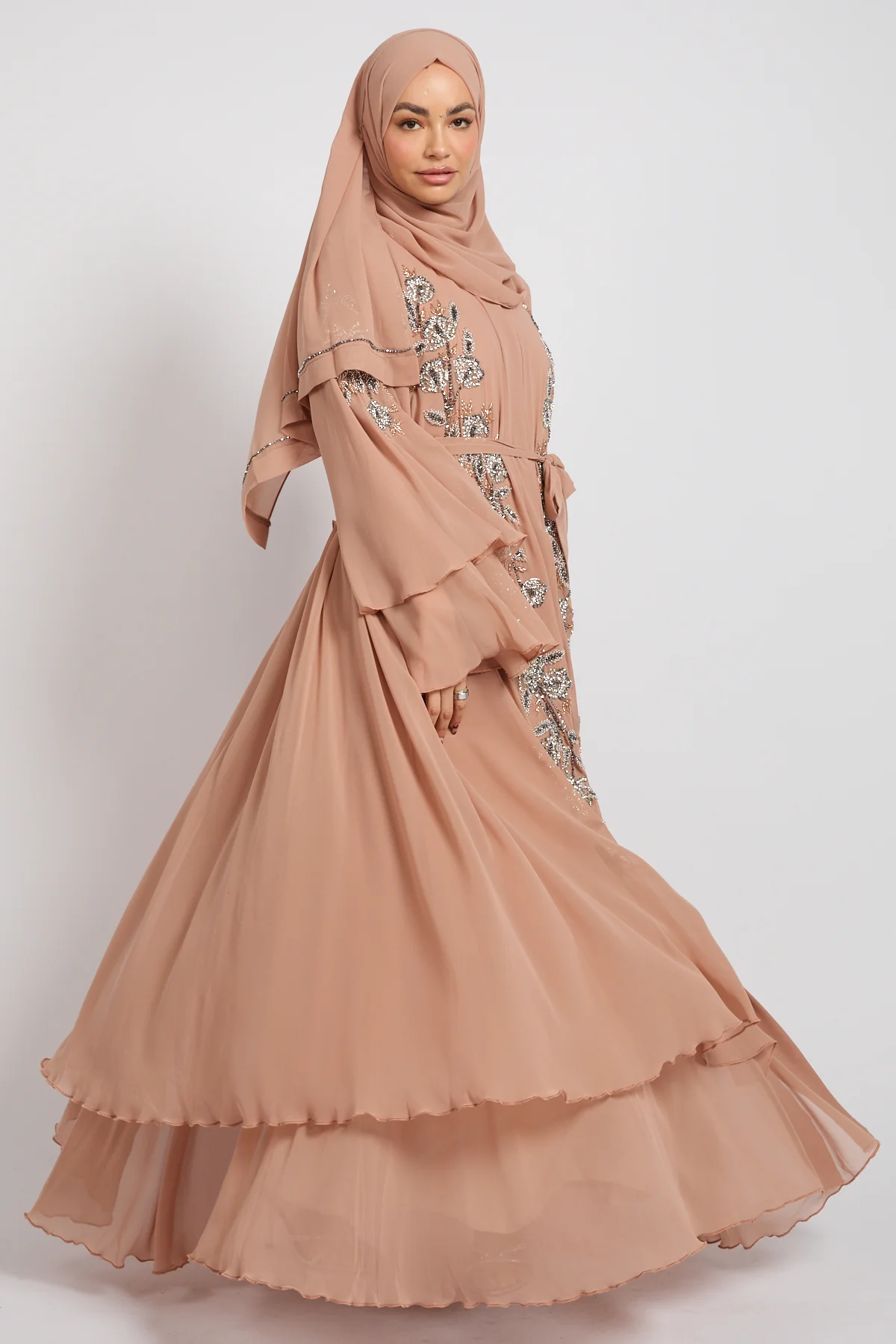 Luxury Moonblush Embellished Chiffon Layered Open Abaya - Image 4