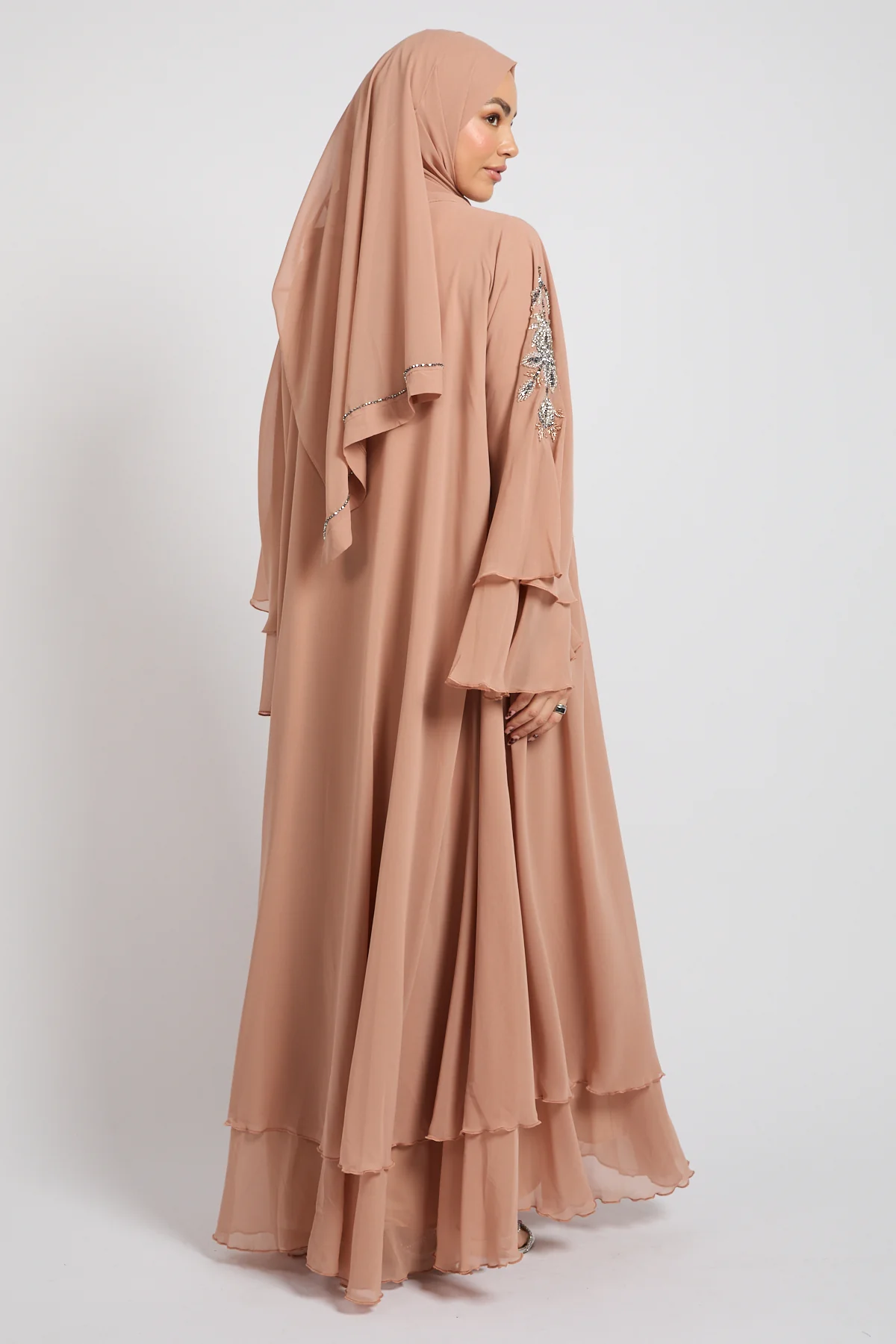 Luxury Moonblush Embellished Chiffon Layered Open Abaya - Image 5