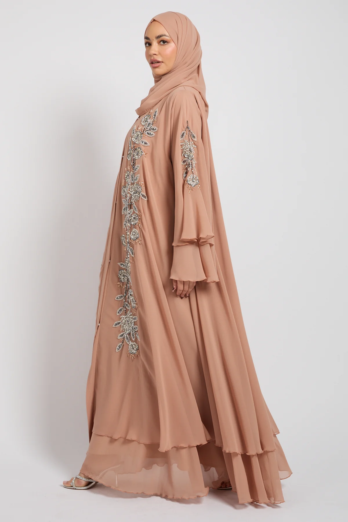 Luxury Moonblush Embellished Chiffon Layered Open Abaya - Image 6