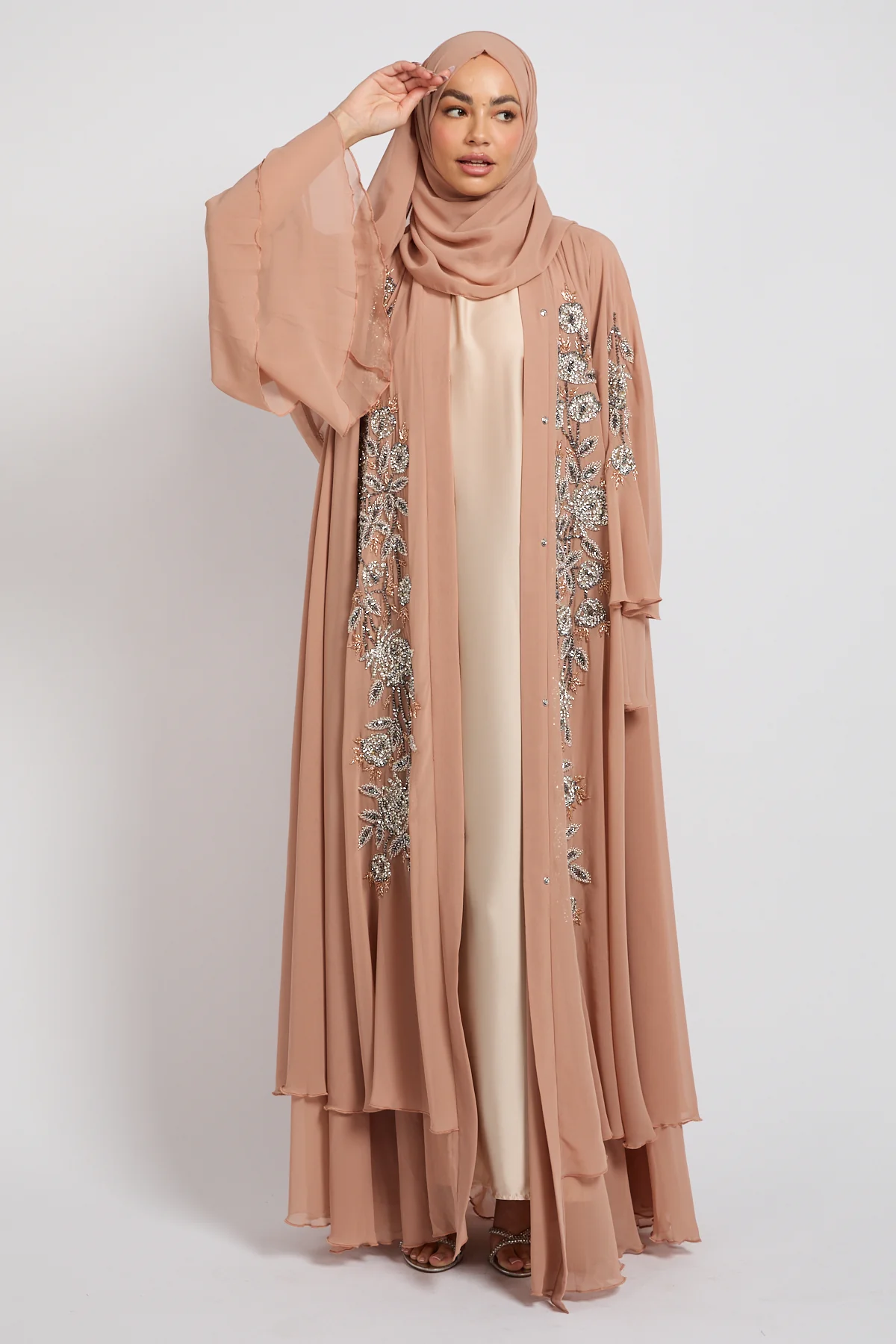 Luxury Moonblush Embellished Chiffon Layered Open Abaya - Image 7