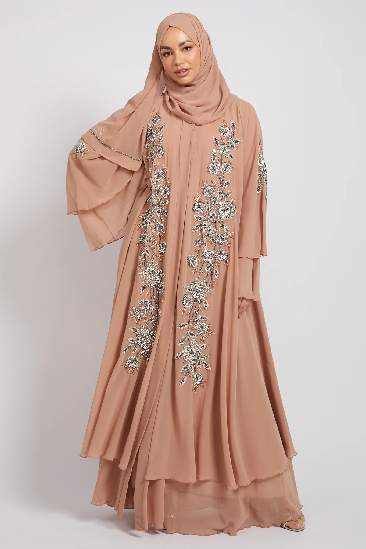 Luxury Moonblush Embellished Chiffon Layered Open Abaya - Image 8