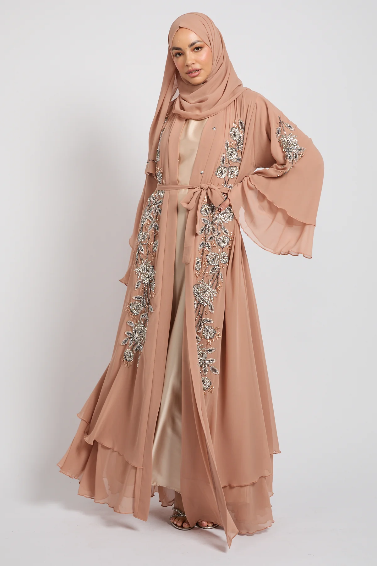 Luxury Moonblush Embellished Chiffon Layered Open Abaya - Image 9