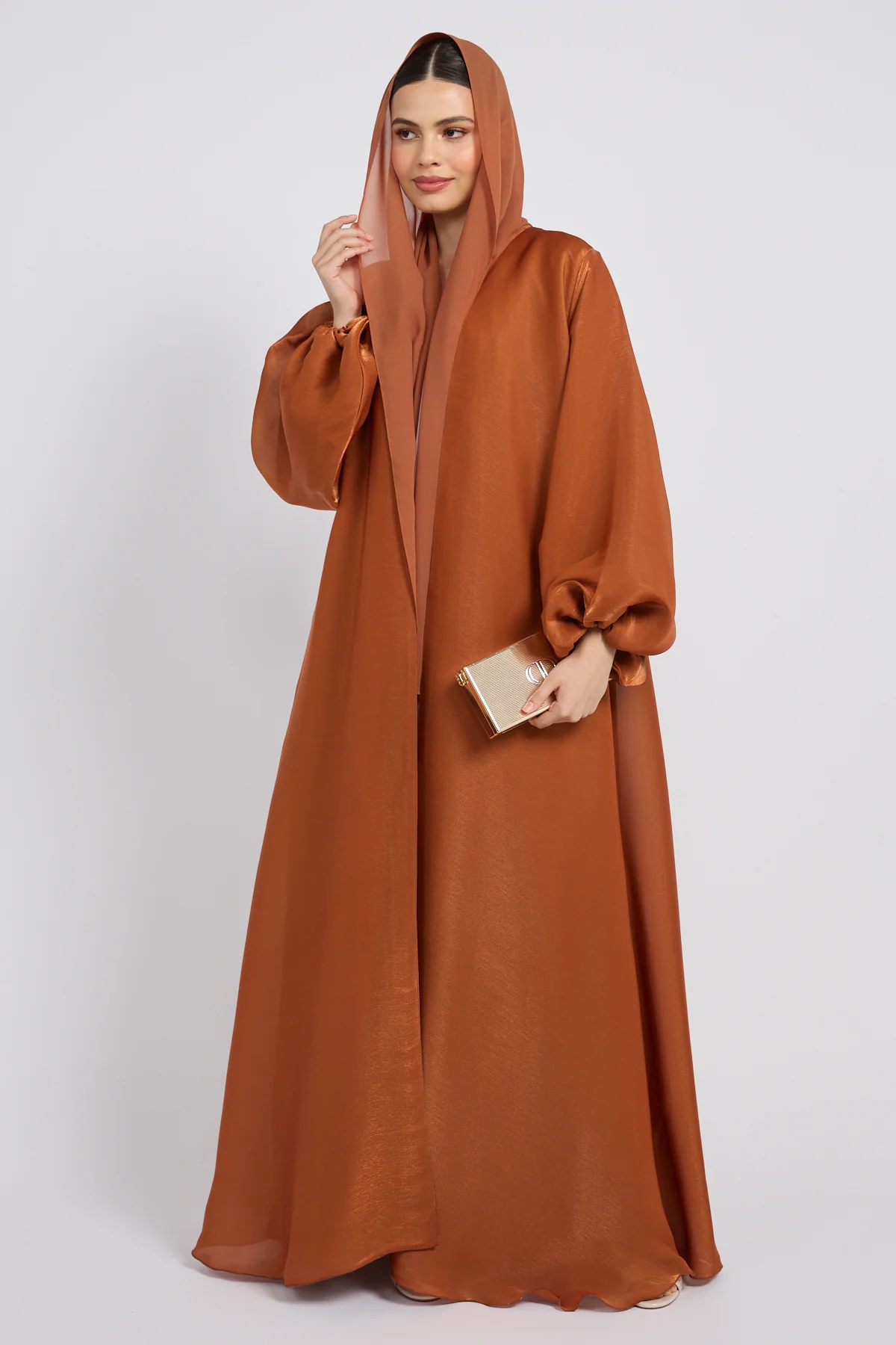 Luxury Moonlight Organza Open Abaya - Amber Bronze - Image 3