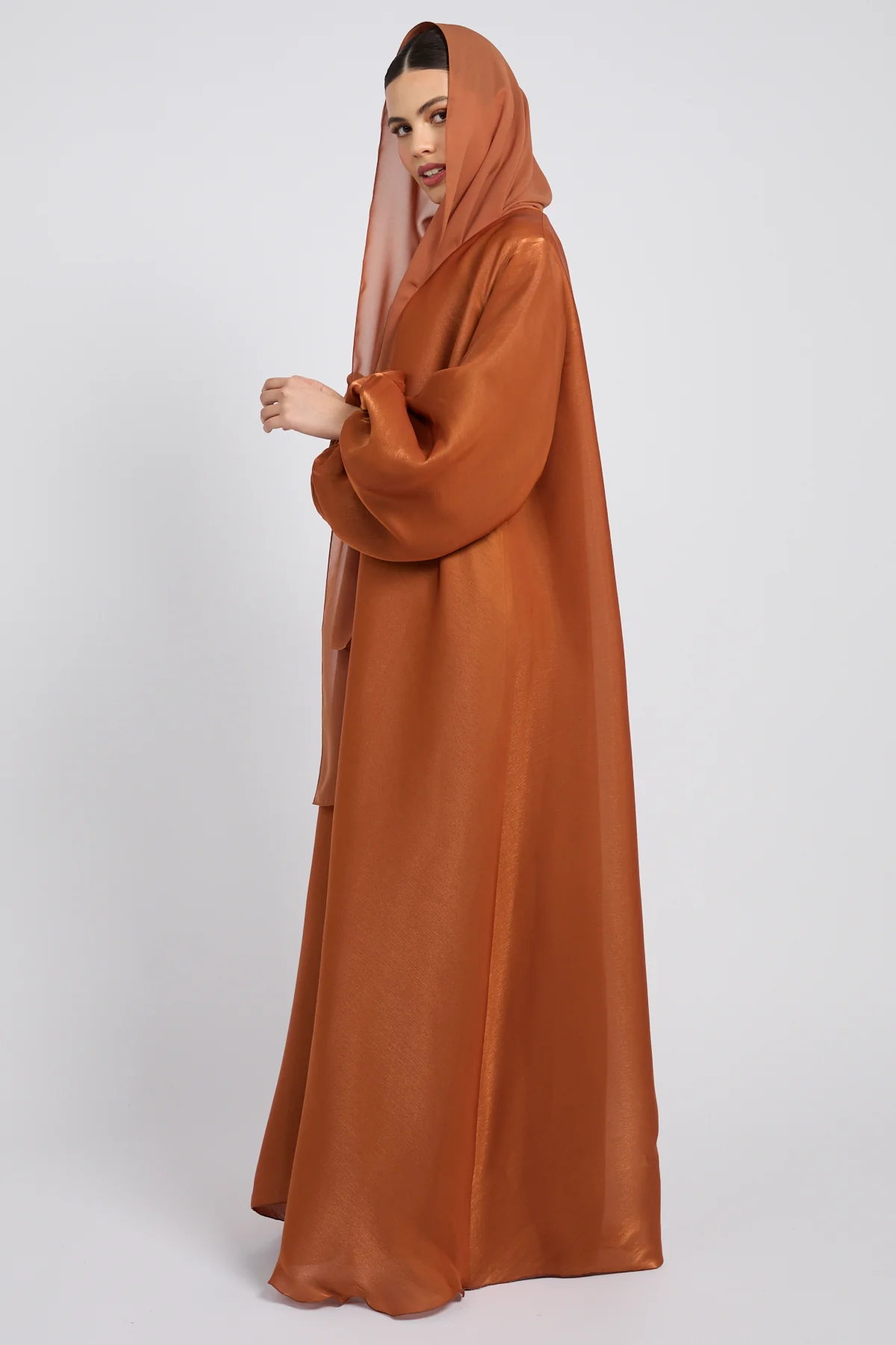 Luxury Moonlight Organza Open Abaya - Amber Bronze - Image 4