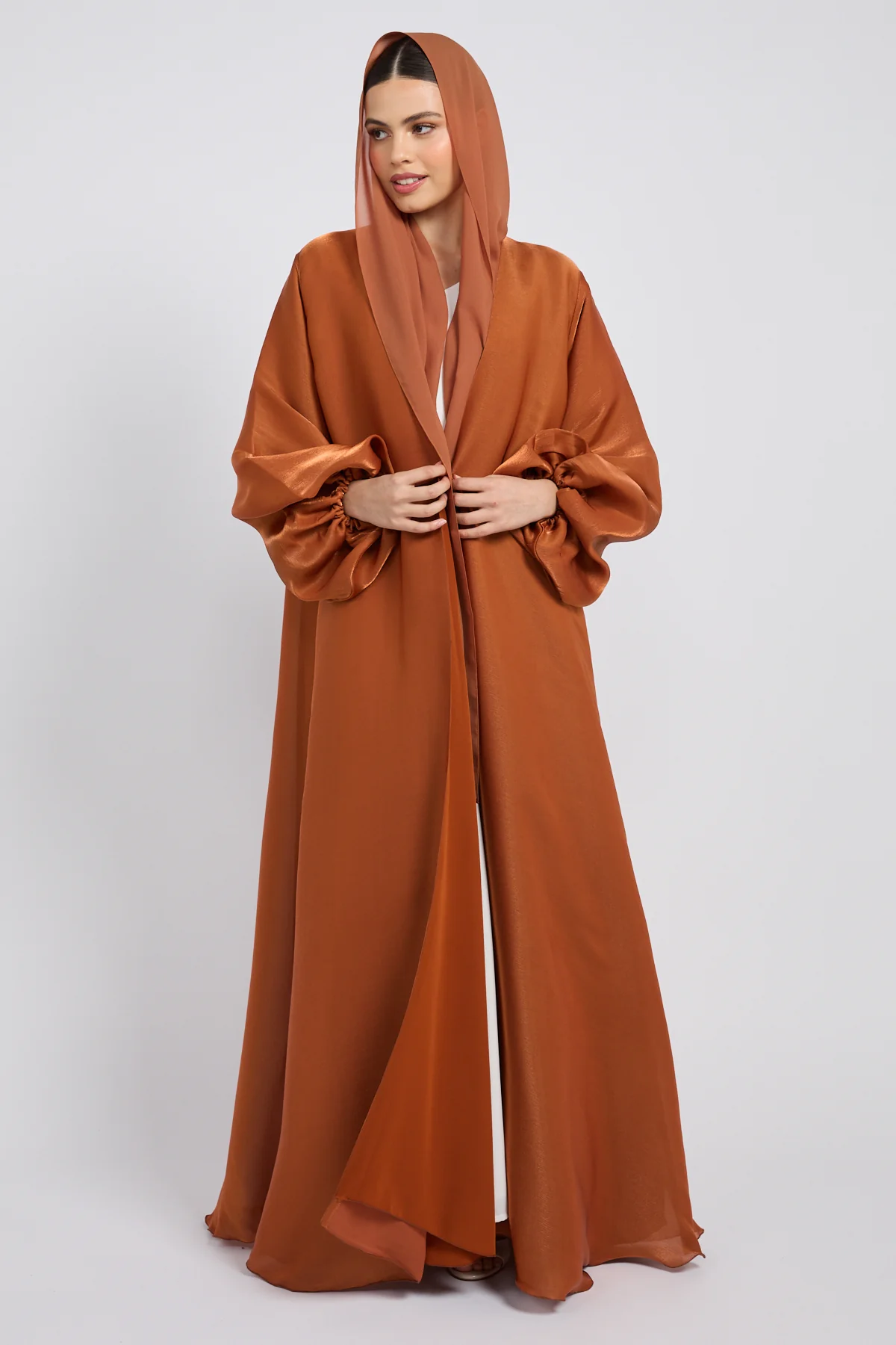 Luxury Moonlight Organza Open Abaya - Amber Bronze - Image 5
