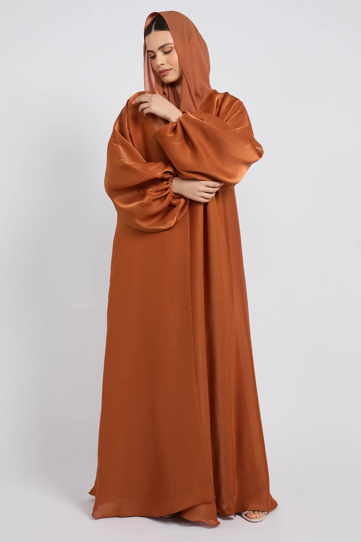 Luxury Moonlight Organza Open Abaya - Amber Bronze - Image 6