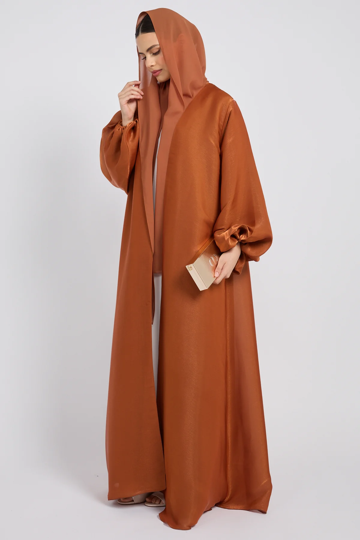 Luxury Moonlight Organza Open Abaya - Amber Bronze - Image 8