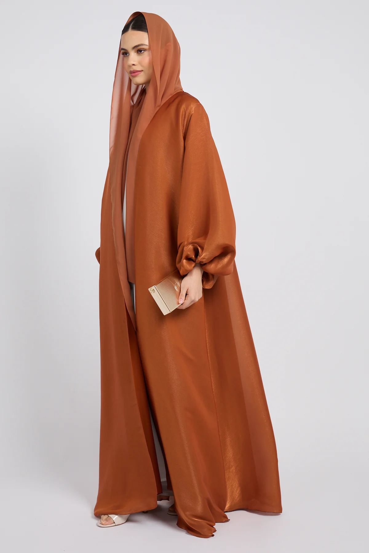 Luxury Moonlight Organza Open Abaya - Amber Bronze - Image 9