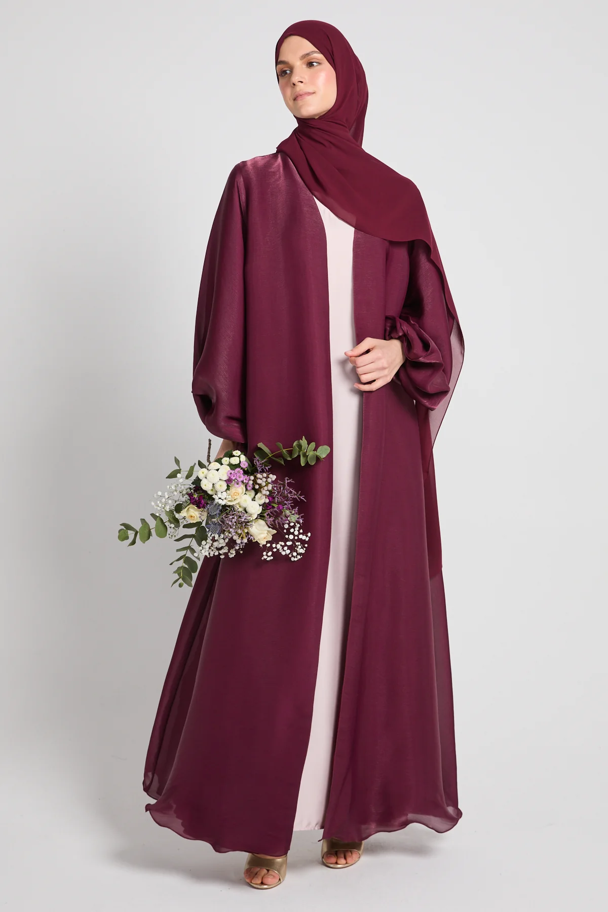 Luxury Moonlight Organza Open Abaya - Burgundy Rose