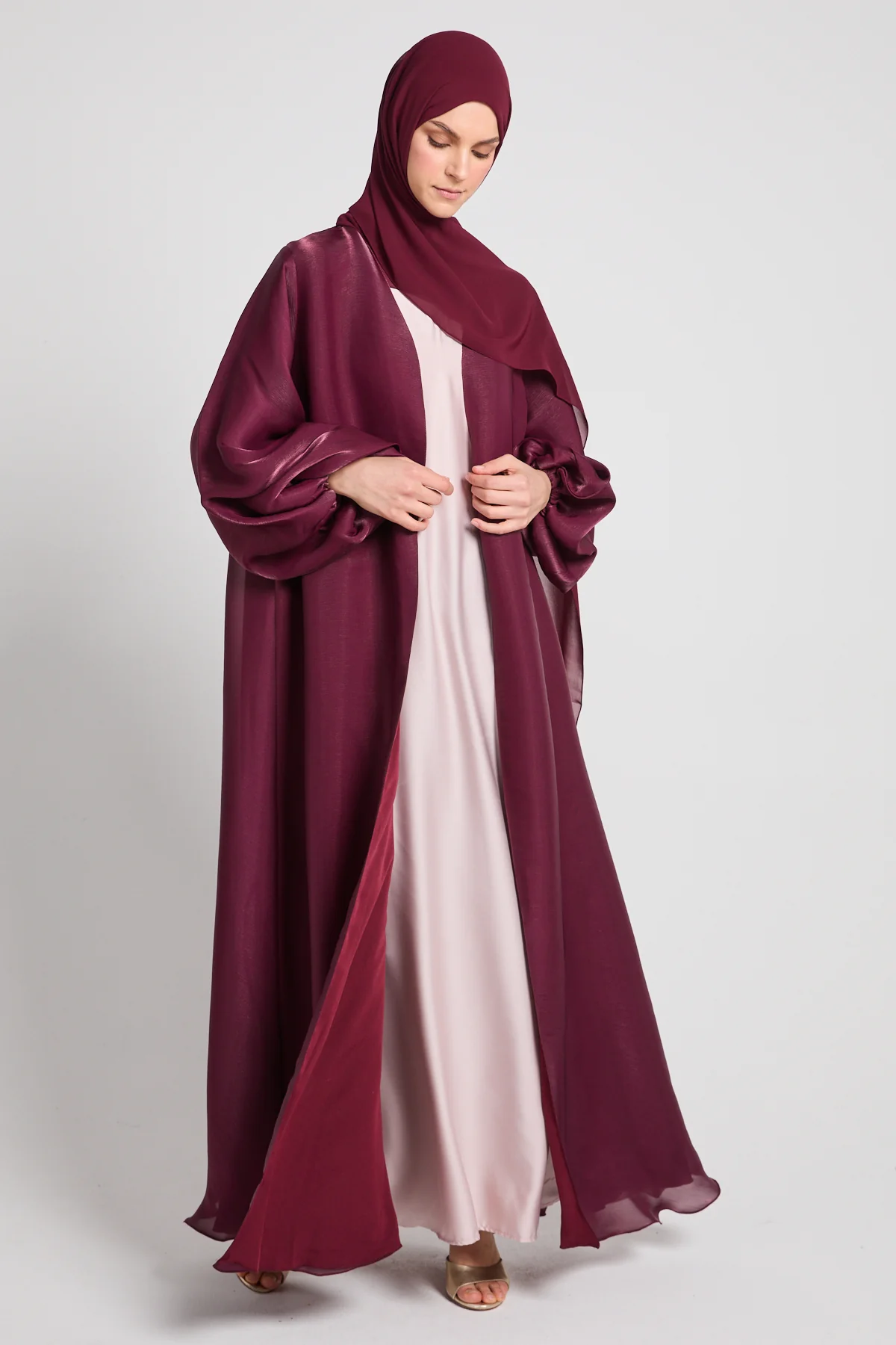 Luxury Moonlight Organza Open Abaya - Burgundy Rose - Image 4