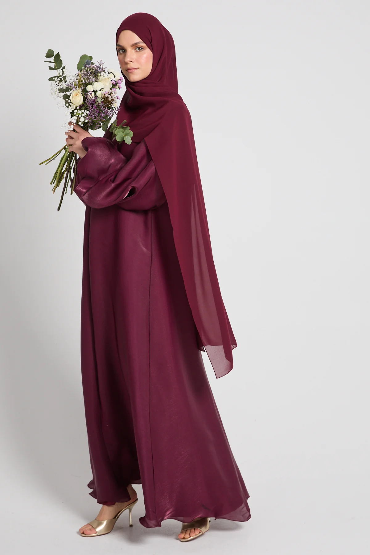 Luxury Moonlight Organza Open Abaya - Burgundy Rose - Image 5