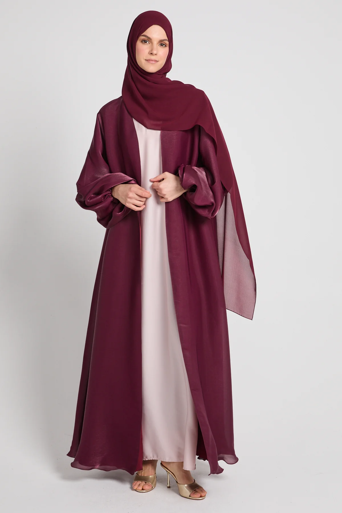 Luxury Moonlight Organza Open Abaya - Burgundy Rose - Image 6