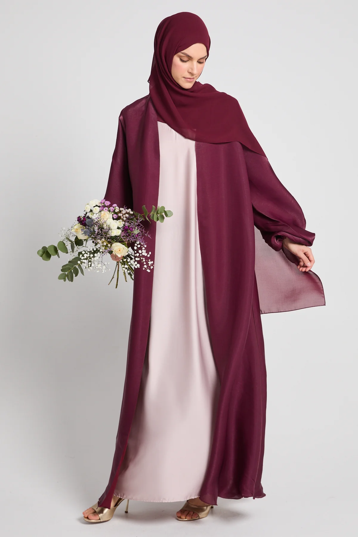 Luxury Moonlight Organza Open Abaya - Burgundy Rose - Image 7