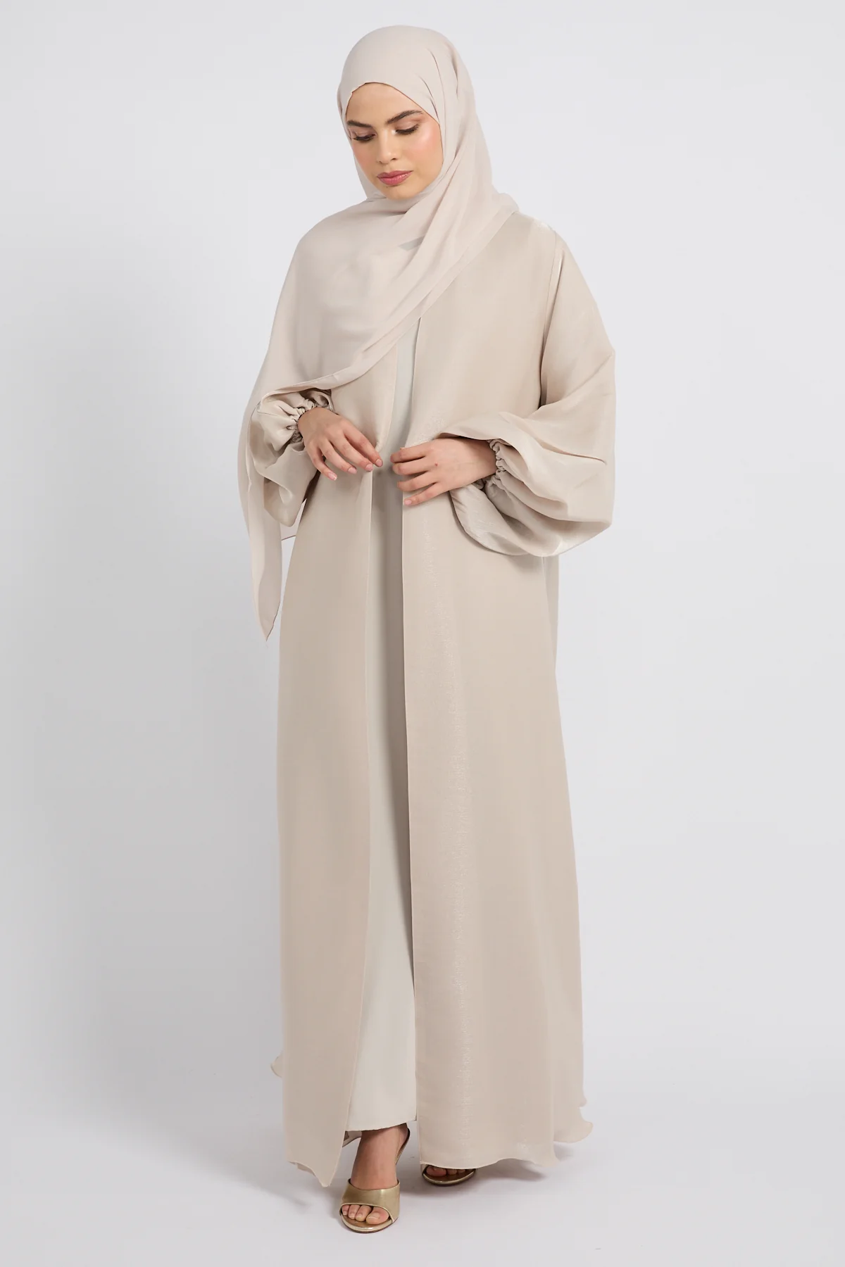 Luxury Moonlight Organza Open Abaya - Champagne Beige - Image 3