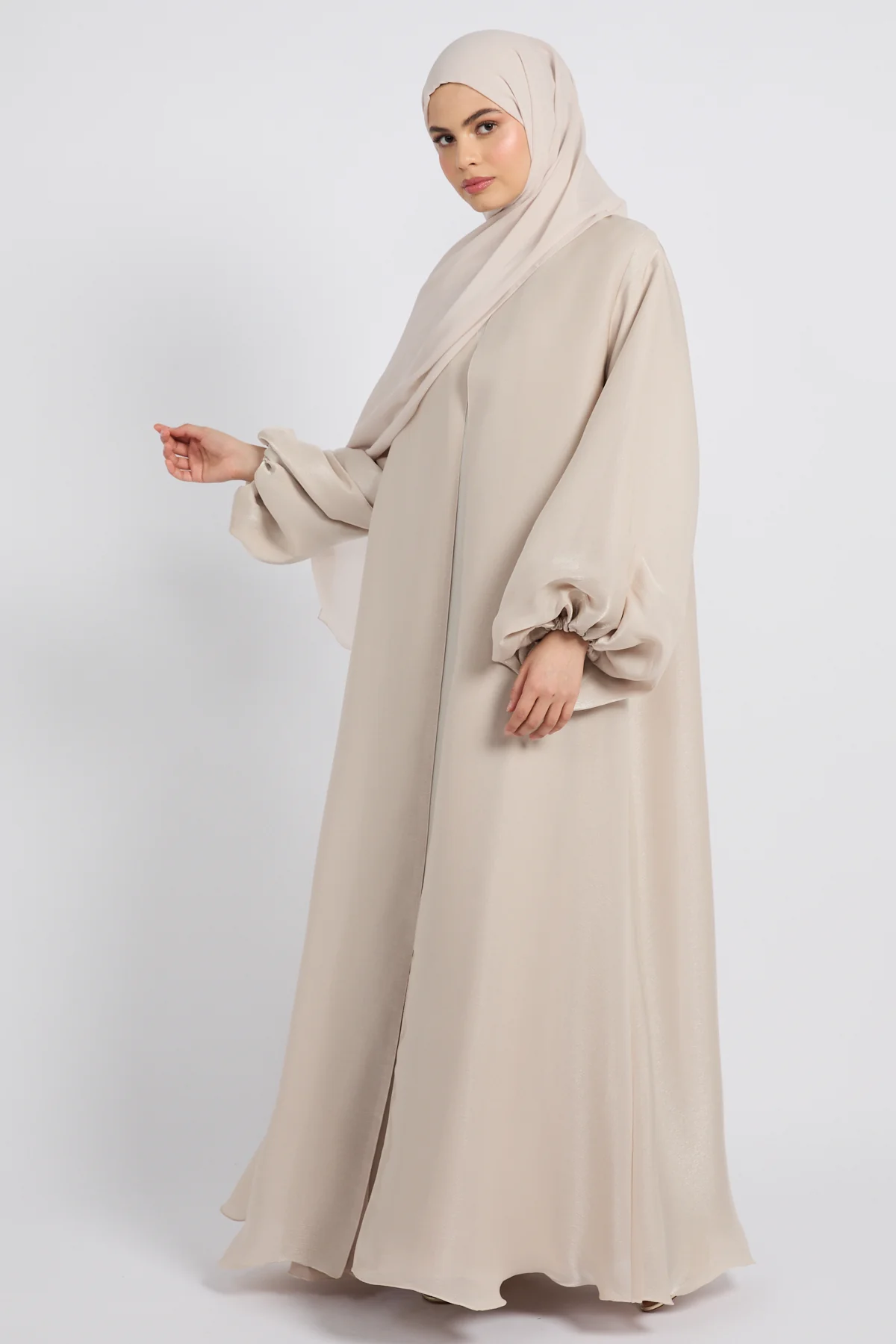 Luxury Moonlight Organza Open Abaya - Champagne Beige - Image 6