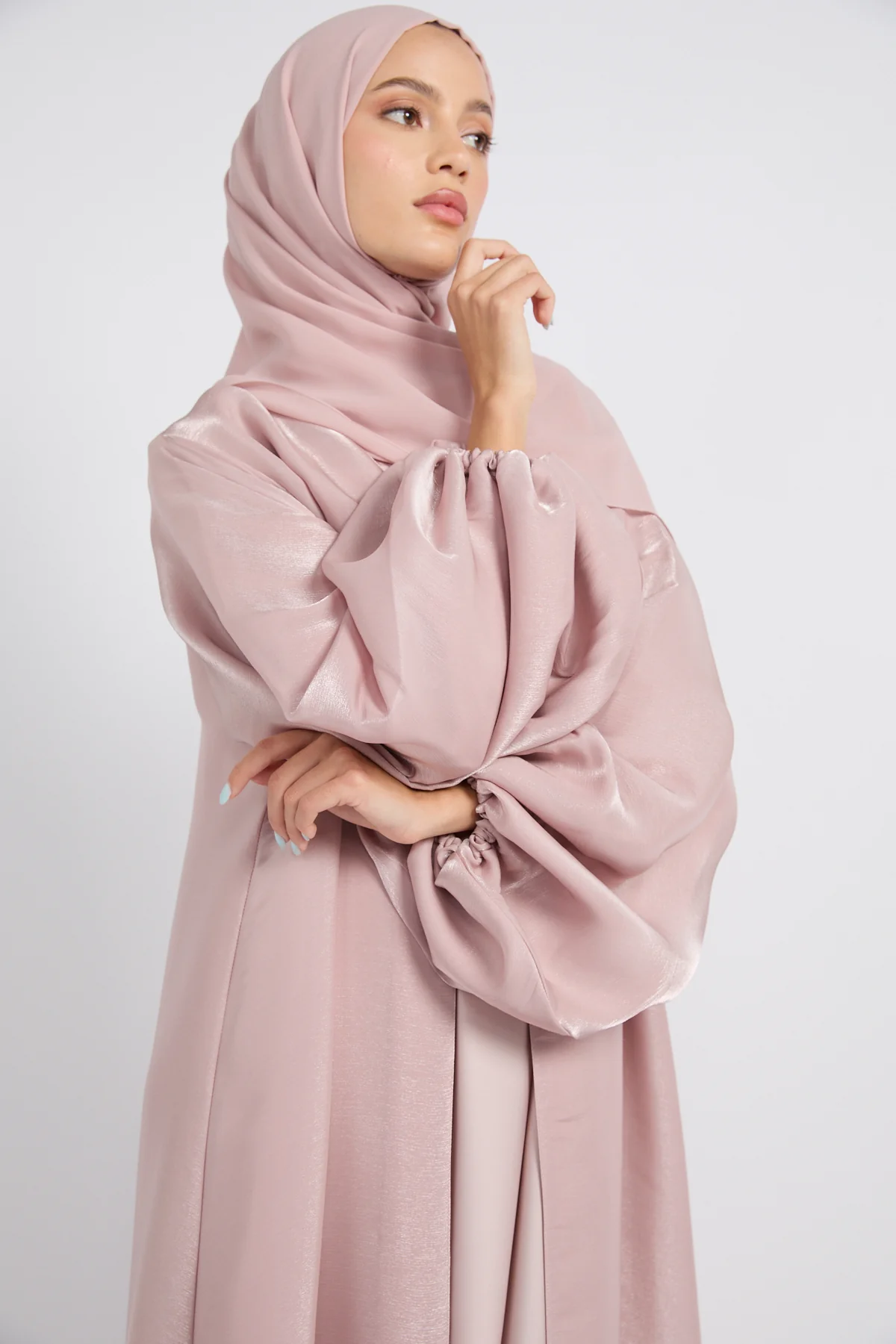 Luxury Moonlight Organza Open Abaya - Dusty Rose - Image 2