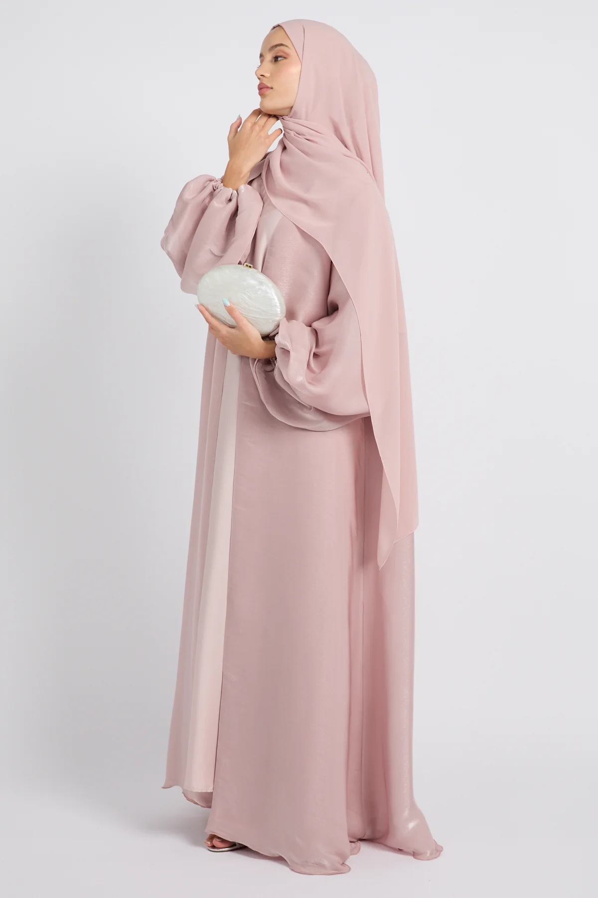 Luxury Moonlight Organza Open Abaya - Dusty Rose - Image 3