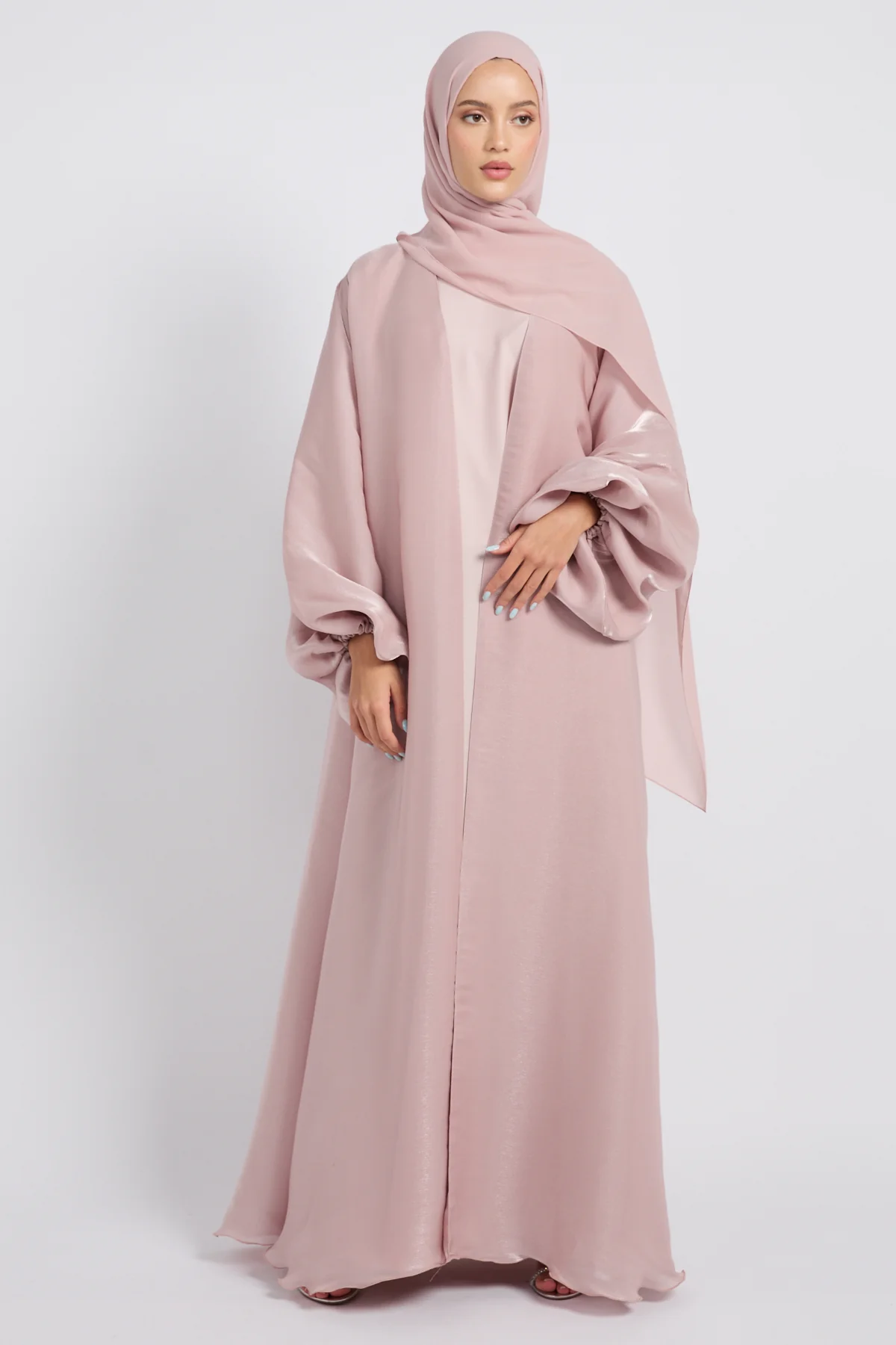 Luxury Moonlight Organza Open Abaya - Dusty Rose - Image 4