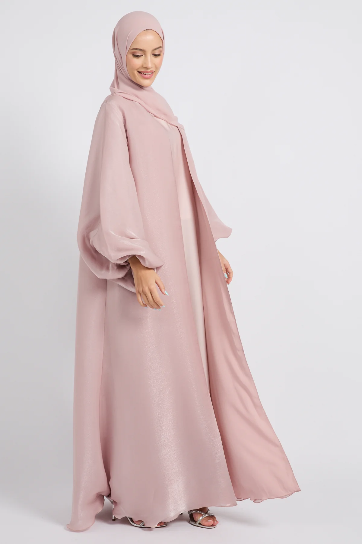 Luxury Moonlight Organza Open Abaya - Dusty Rose - Image 5