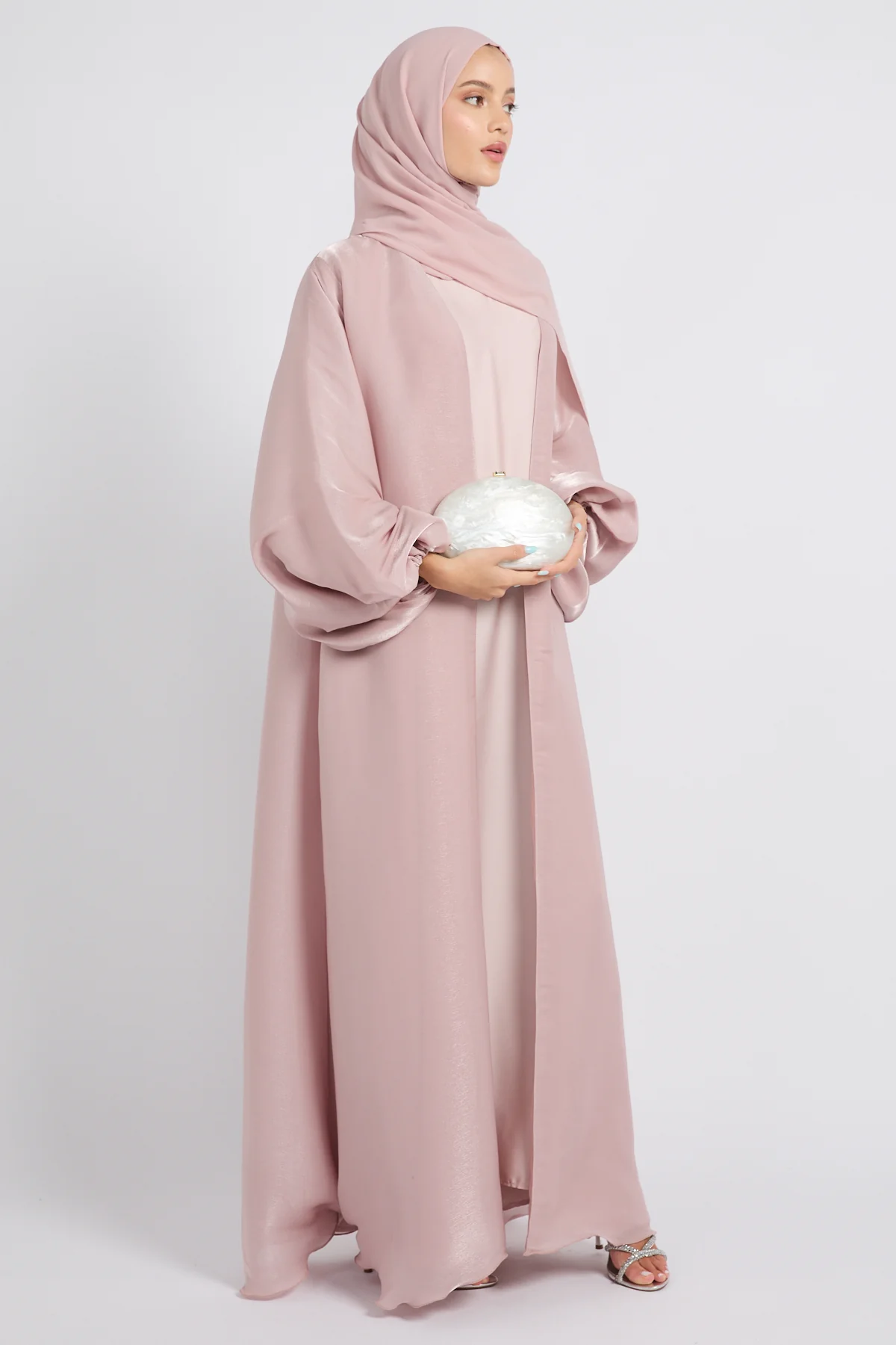 Luxury Moonlight Organza Open Abaya - Dusty Rose - Image 6