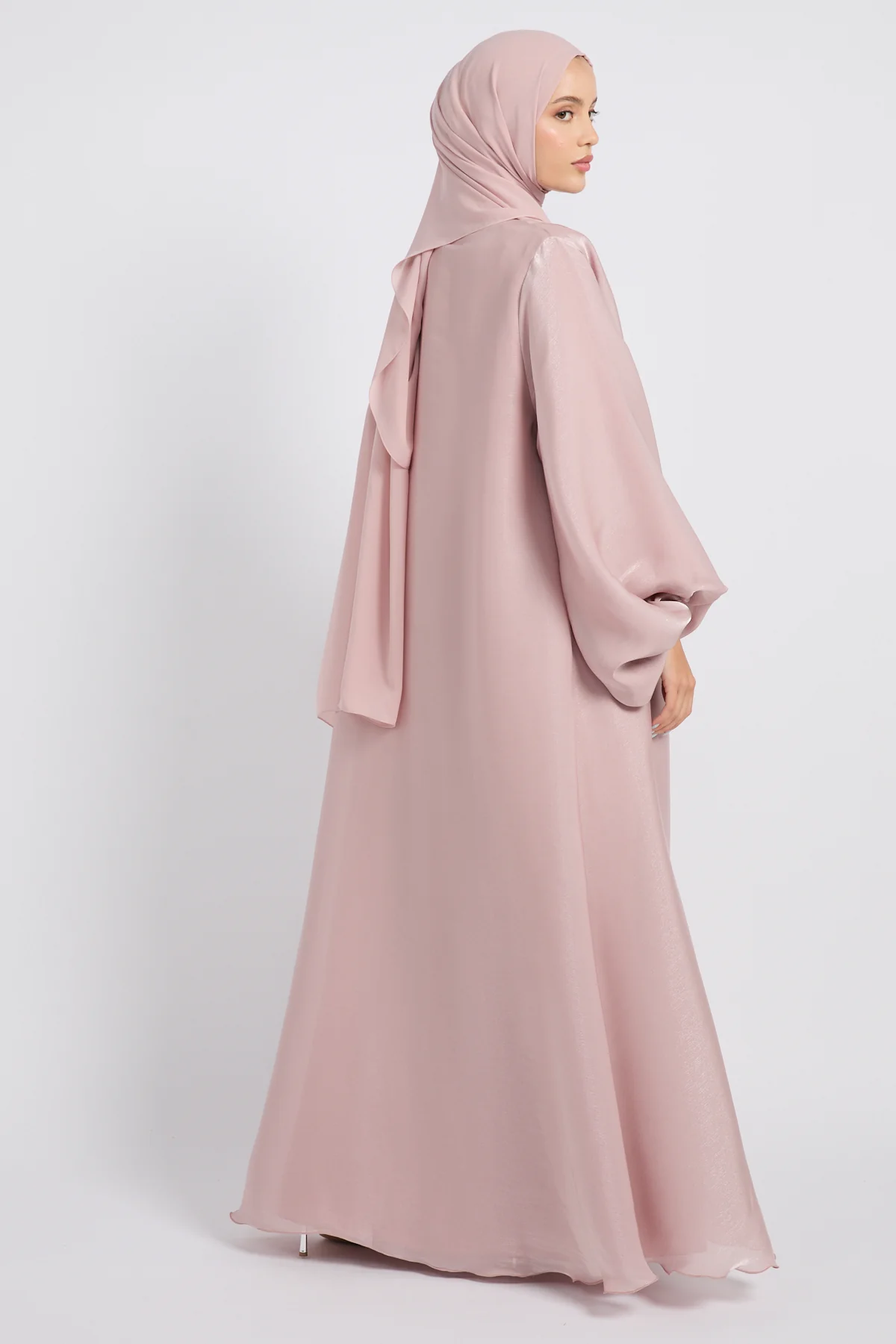 Luxury Moonlight Organza Open Abaya - Dusty Rose - Image 9