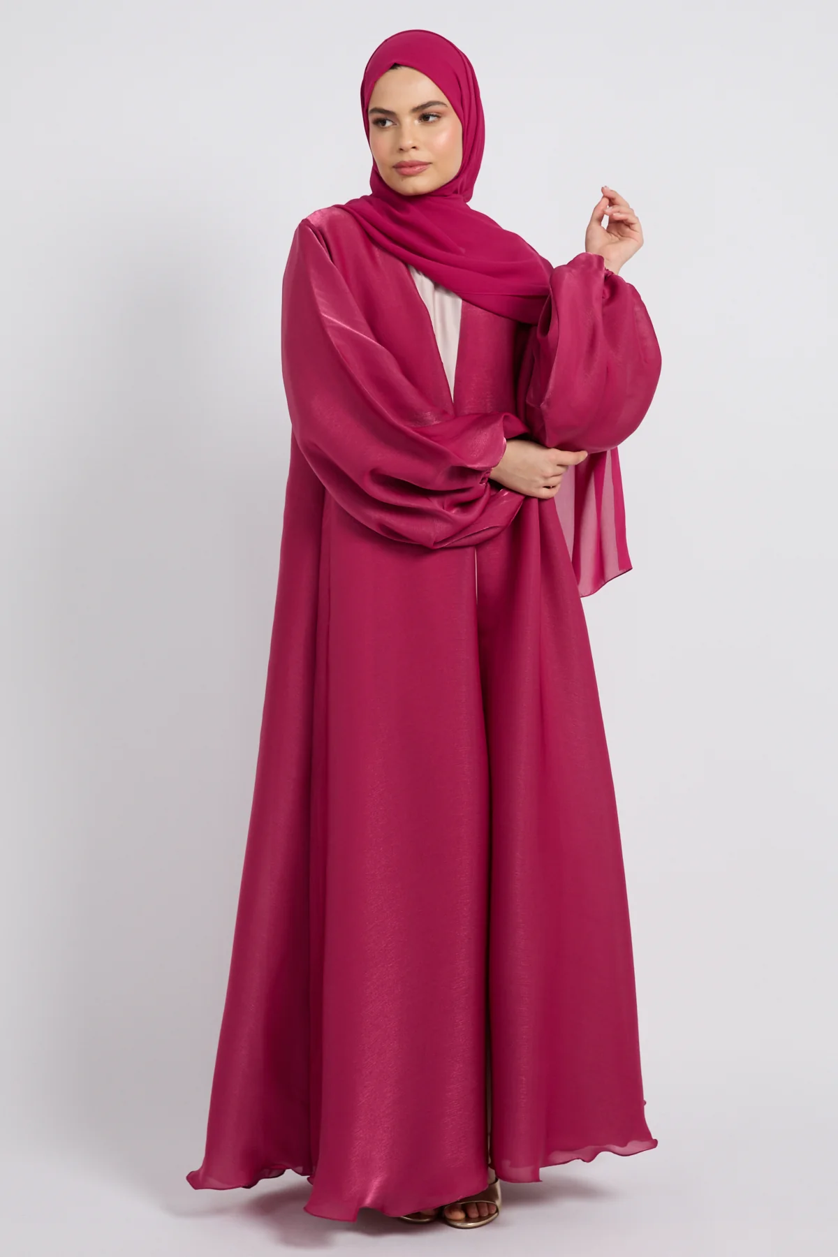 Luxury Moonlight Organza Open Abaya - Royal Fuchsia - Image 4