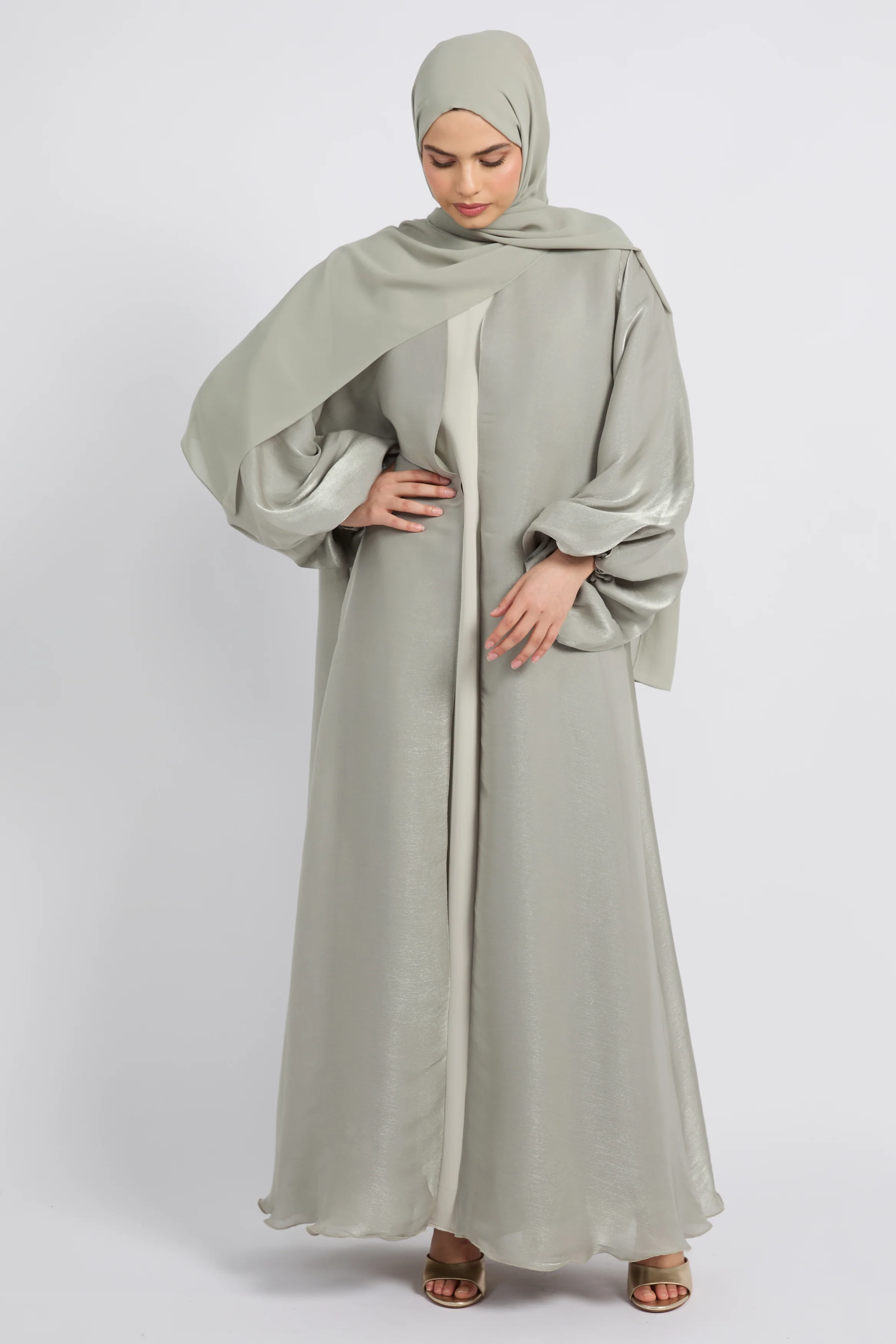 Luxury Moonlight Organza Open Abaya - Sage