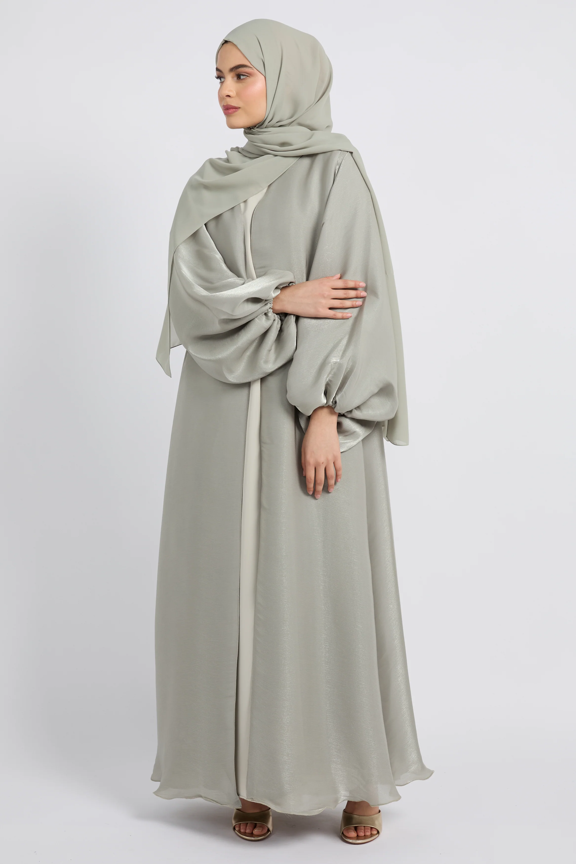 Luxury Moonlight Organza Open Abaya - Sage - Image 2