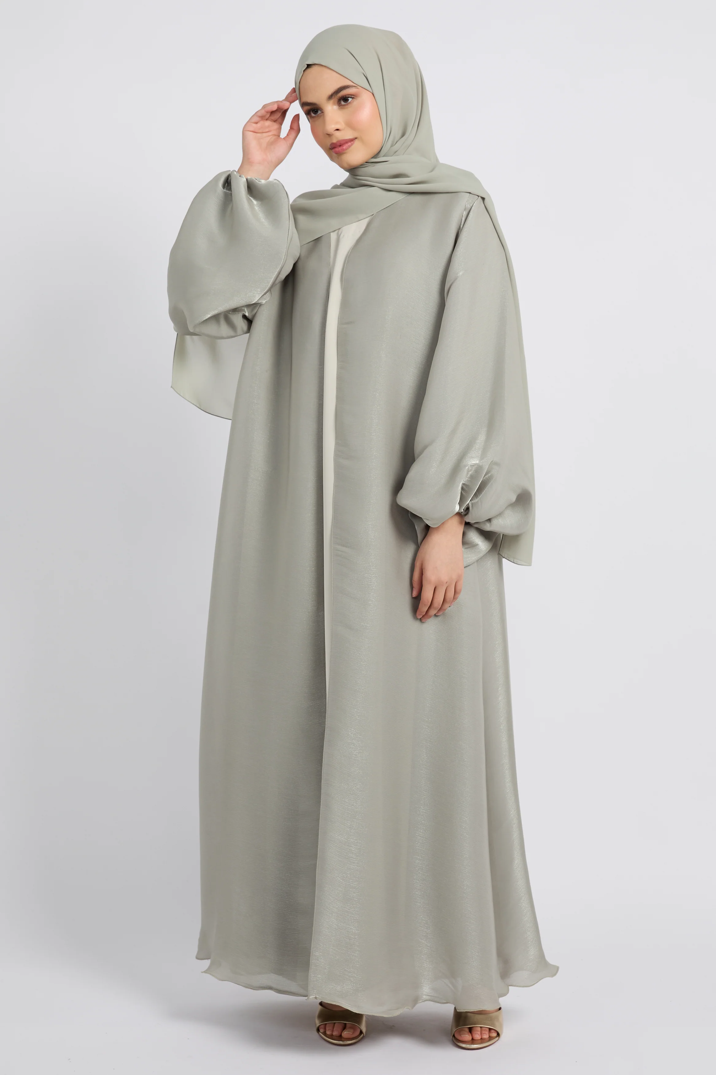 Luxury Moonlight Organza Open Abaya - Sage - Image 3